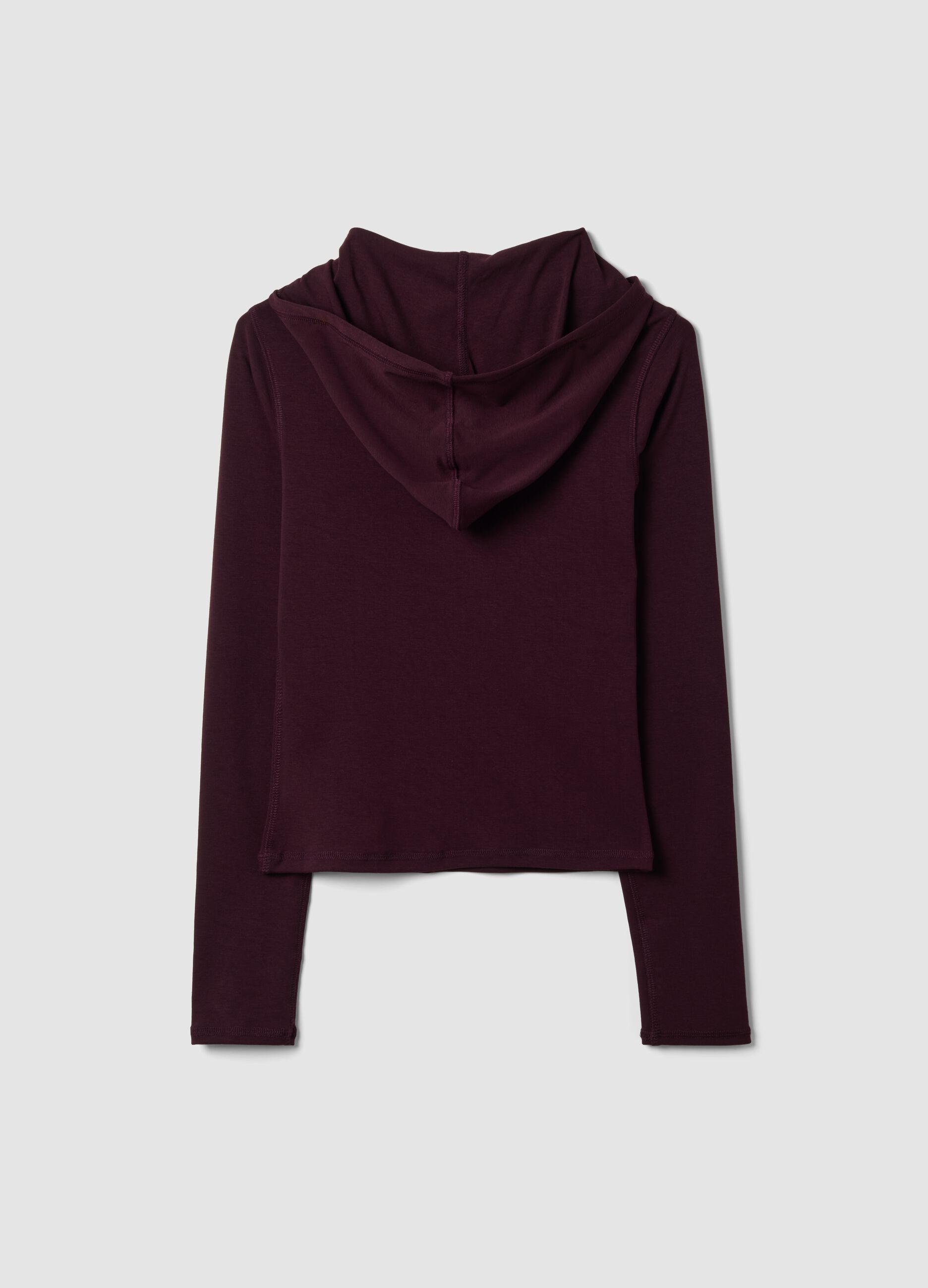 Purple stretch-viscose crew-neck top with hood