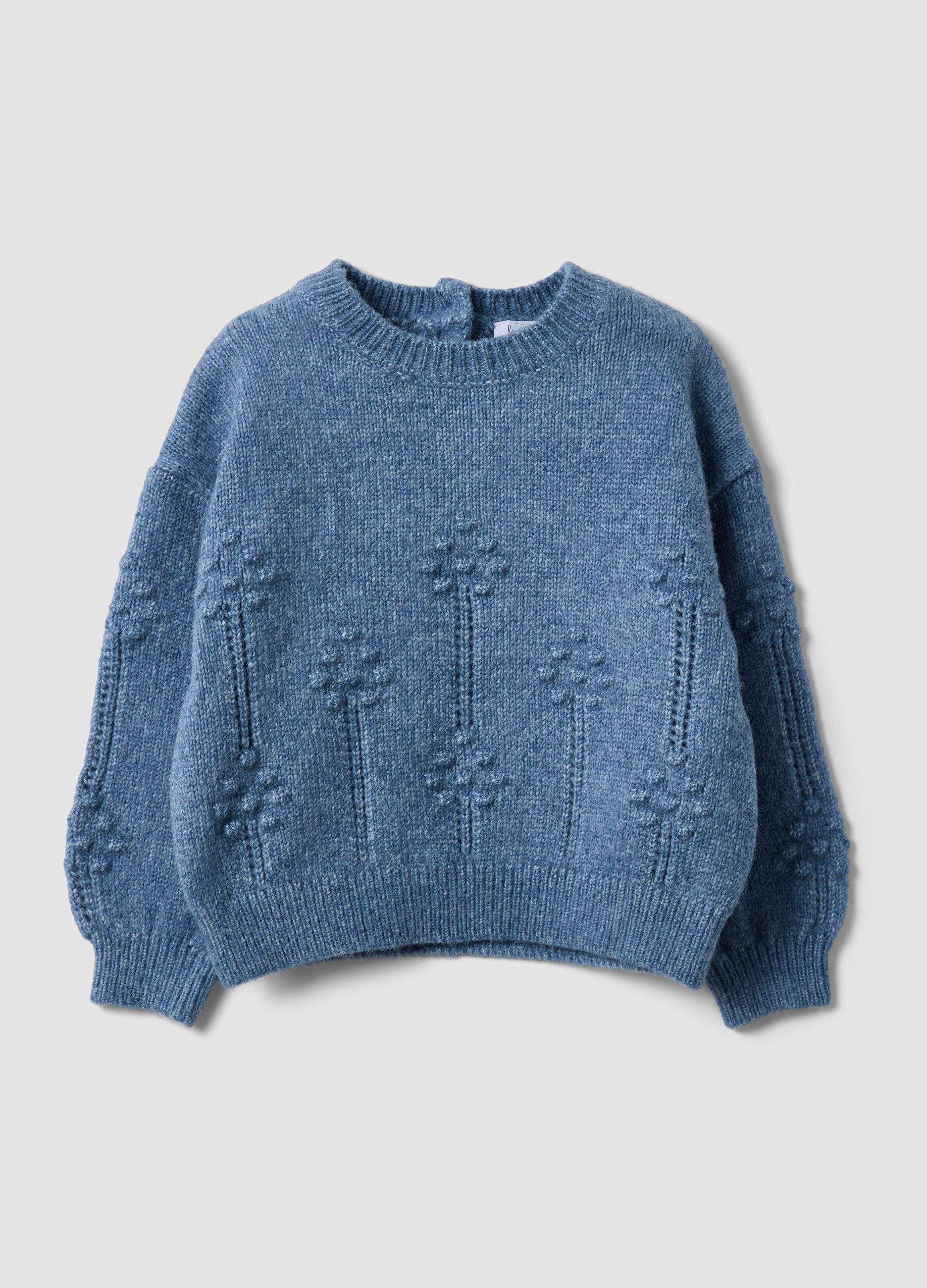 Blue crew-neck knitted jumper with floral pattern