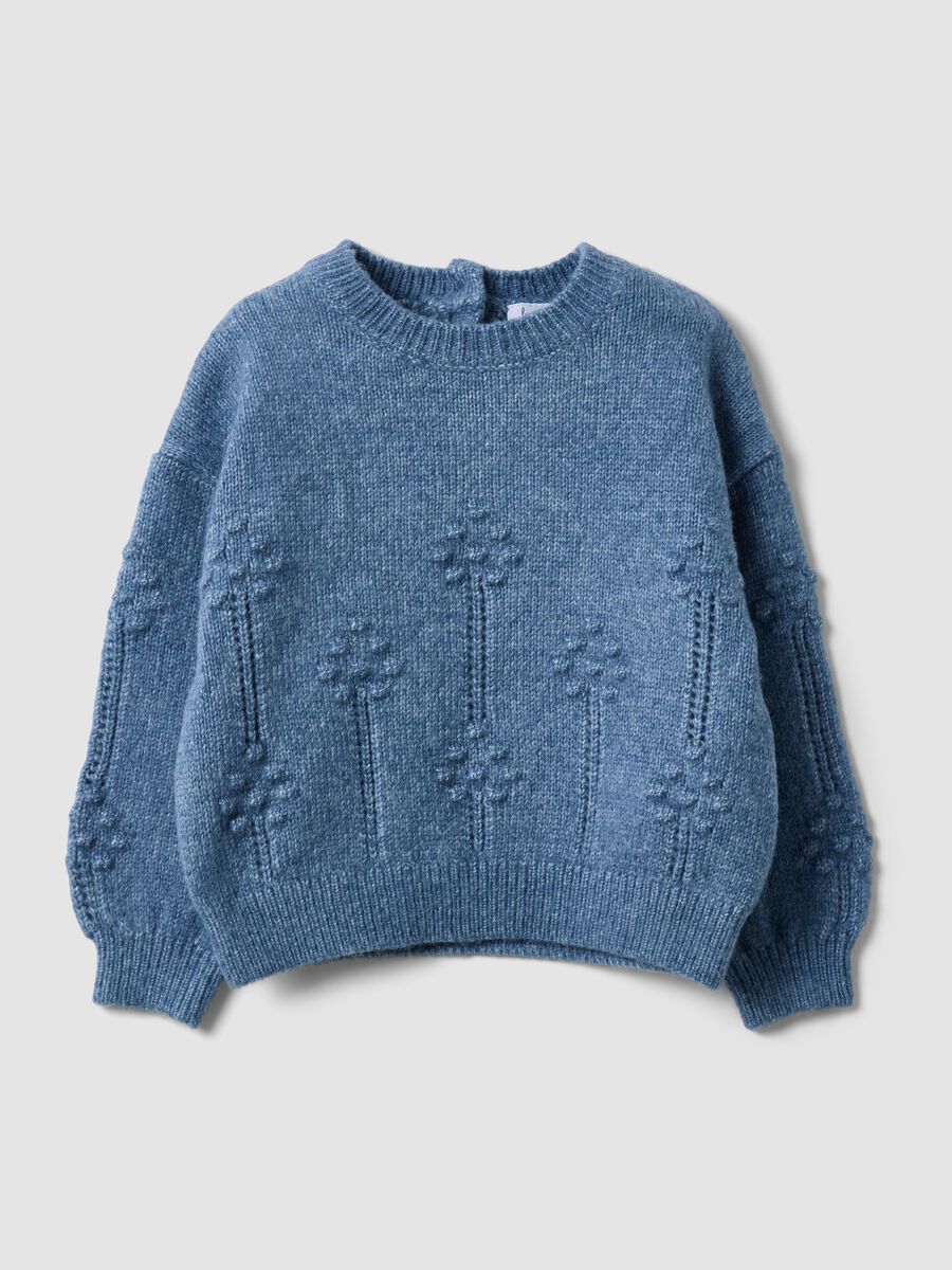 Blue crew-neck knitted jumper with floral pattern_0