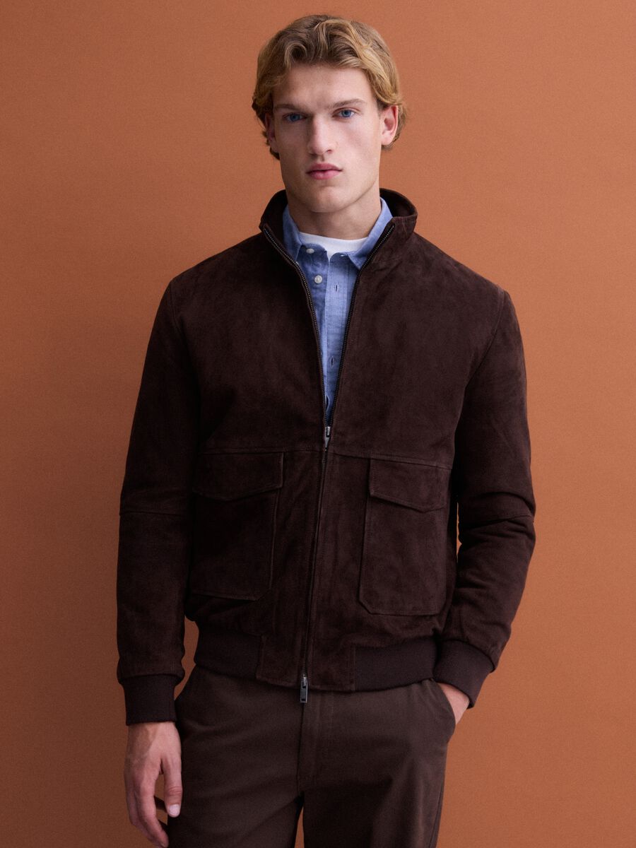 Brown genuine leather bomber jacket with zip_0