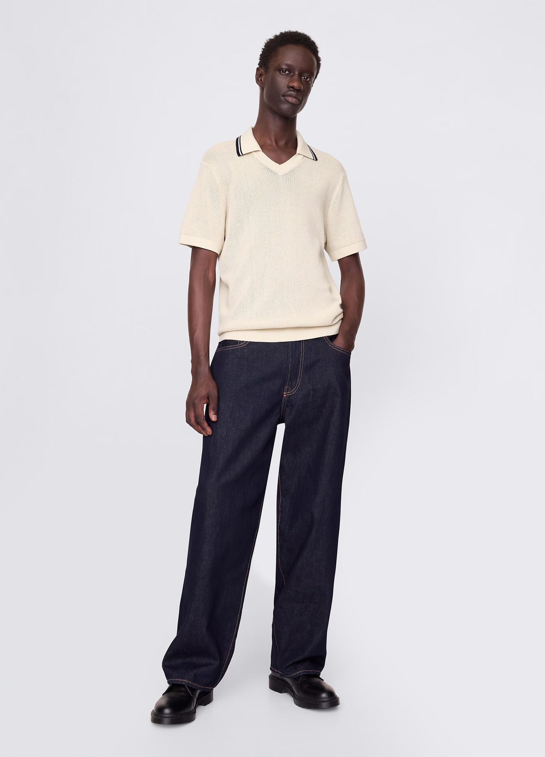 Openwork polo shirt in beige cotton
