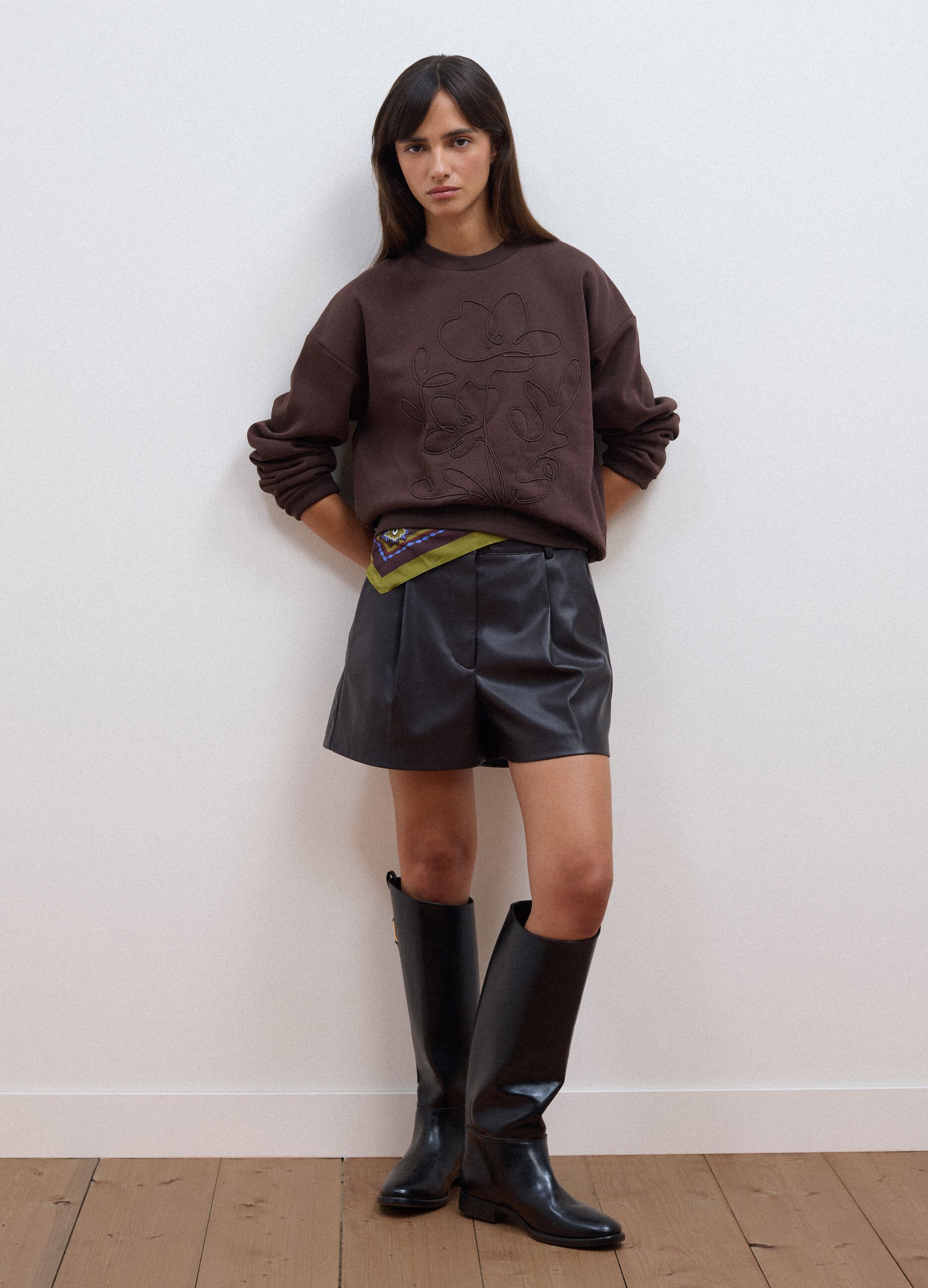 Brown cotton-blend crew-neck sweatshirt, regular fit