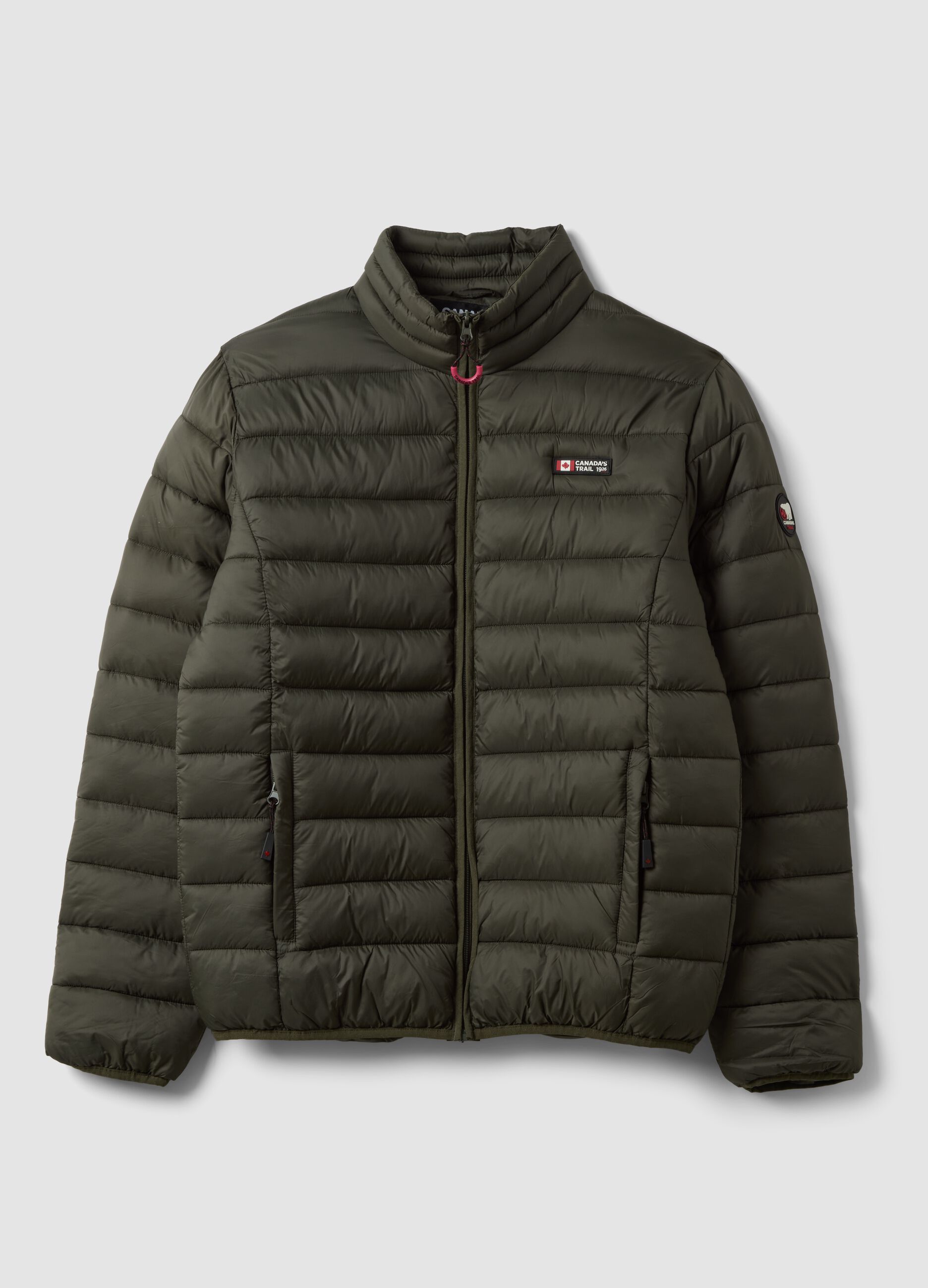 Green padded jacket with high neck and zip