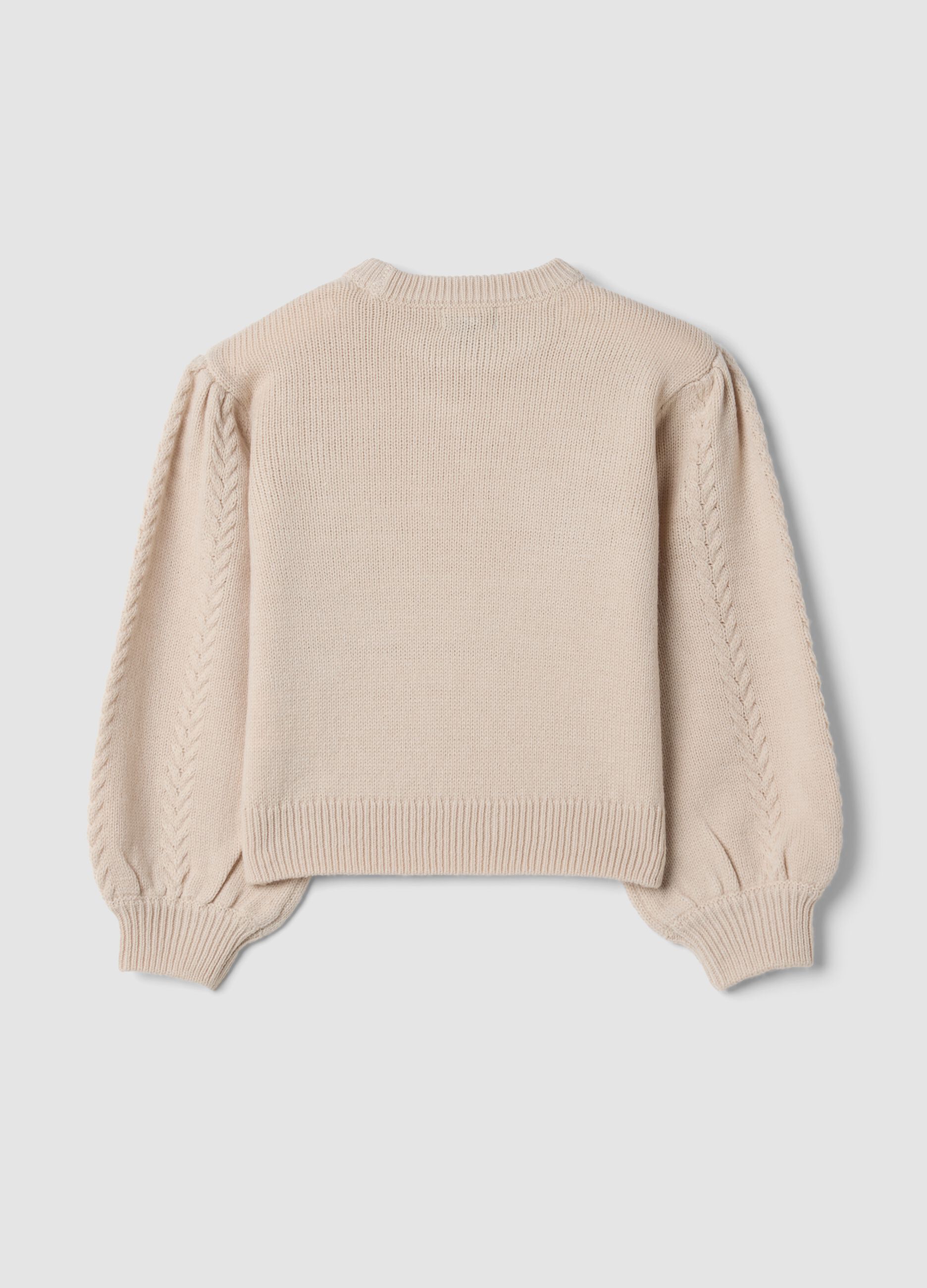 Beige crew-neck jumper with puff sleeves, regular fit