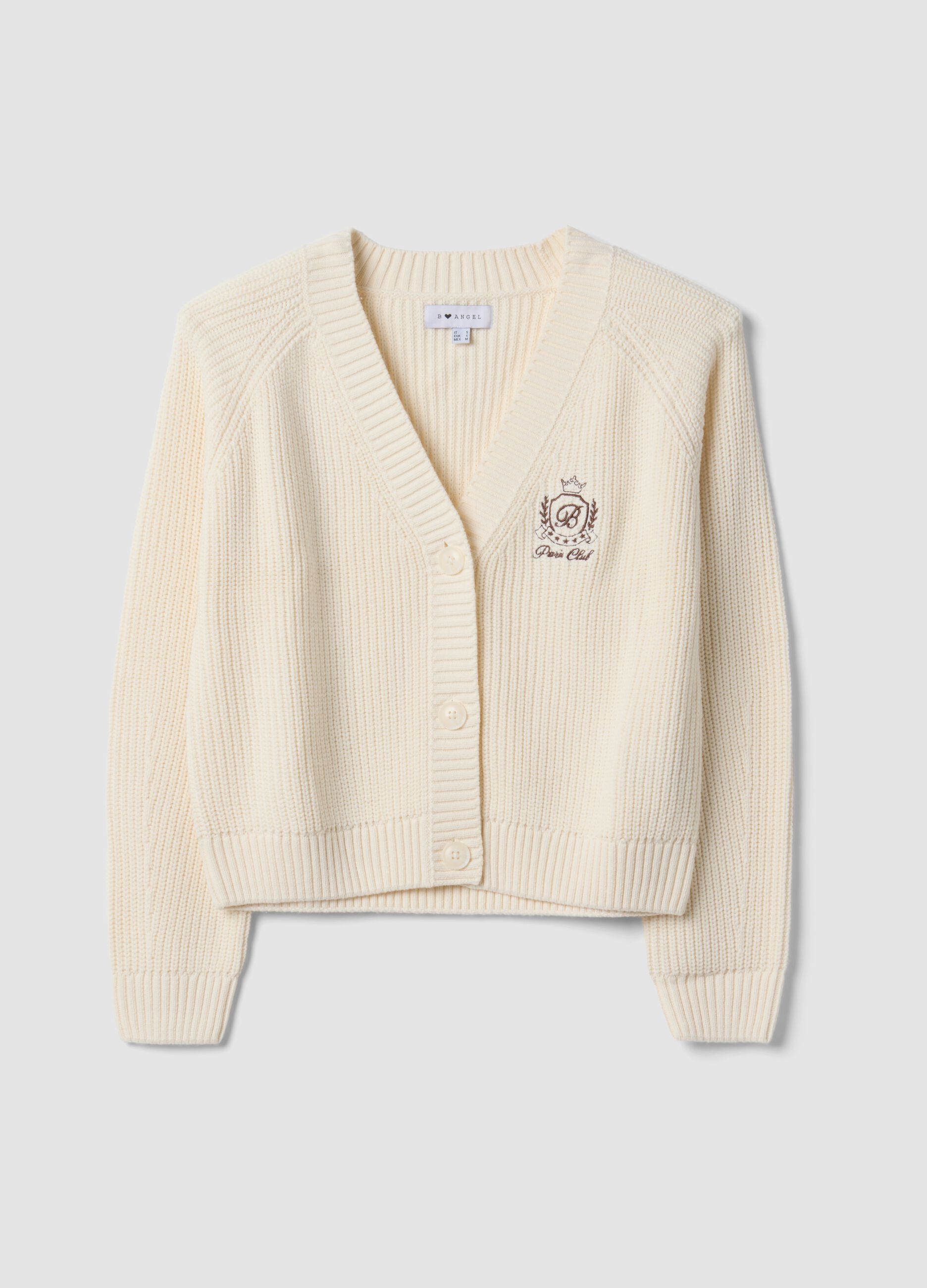 Beige cotton-blend fitted cardigan with deep V-neck