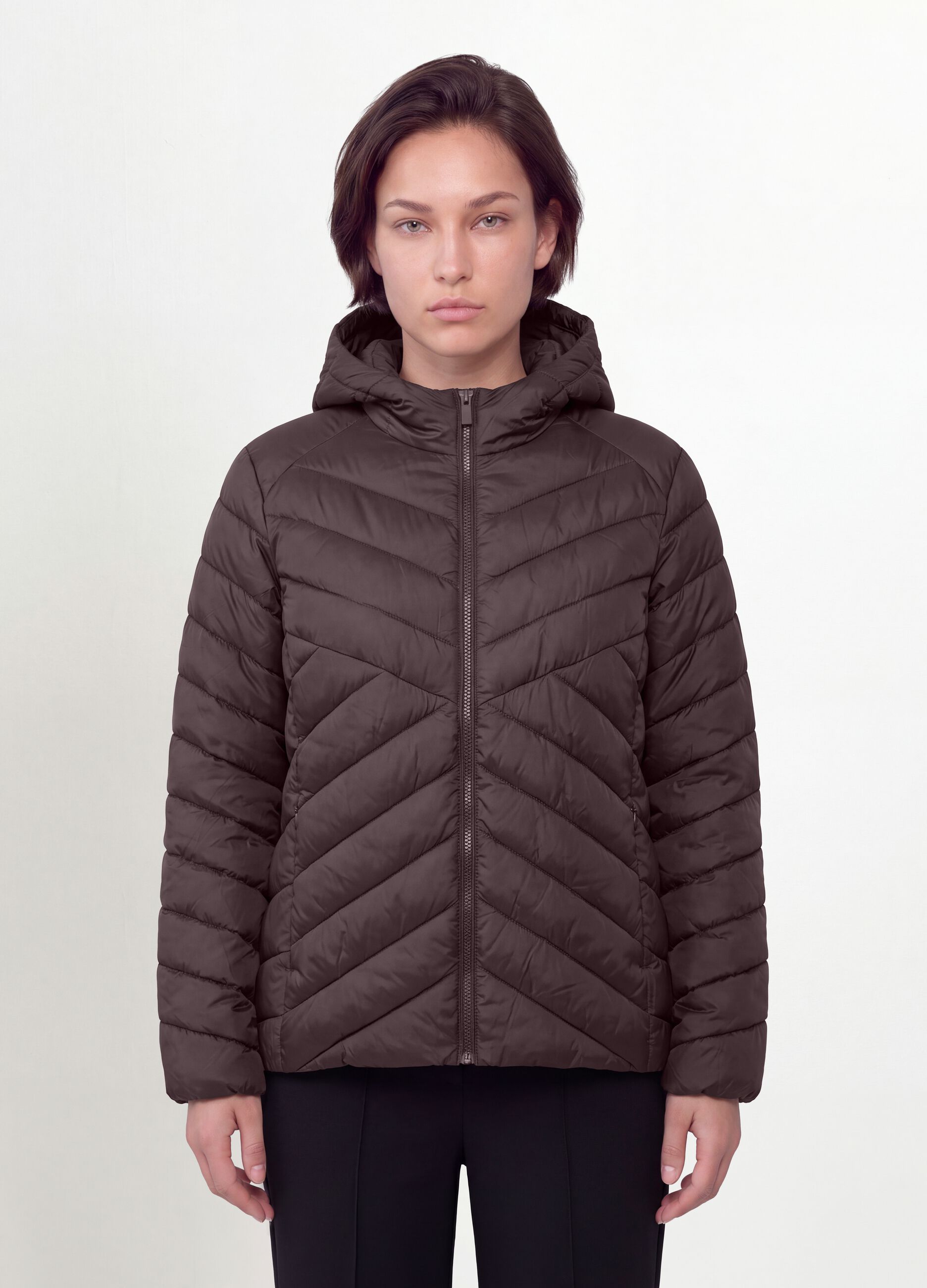 Ultralight purple quilted hooded jacket with zip, regular fit