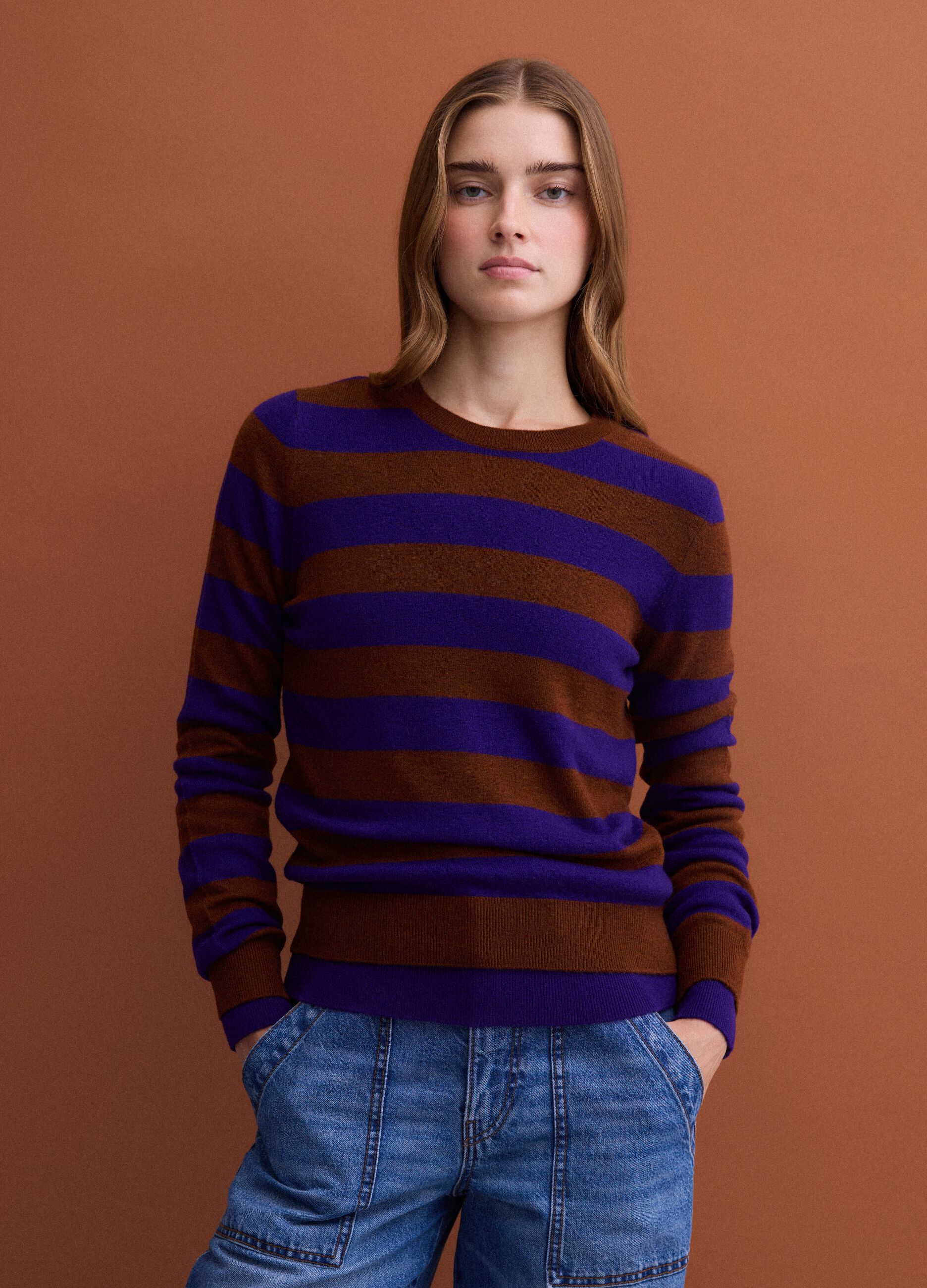 Purple pure wool striped crew-neck jumper