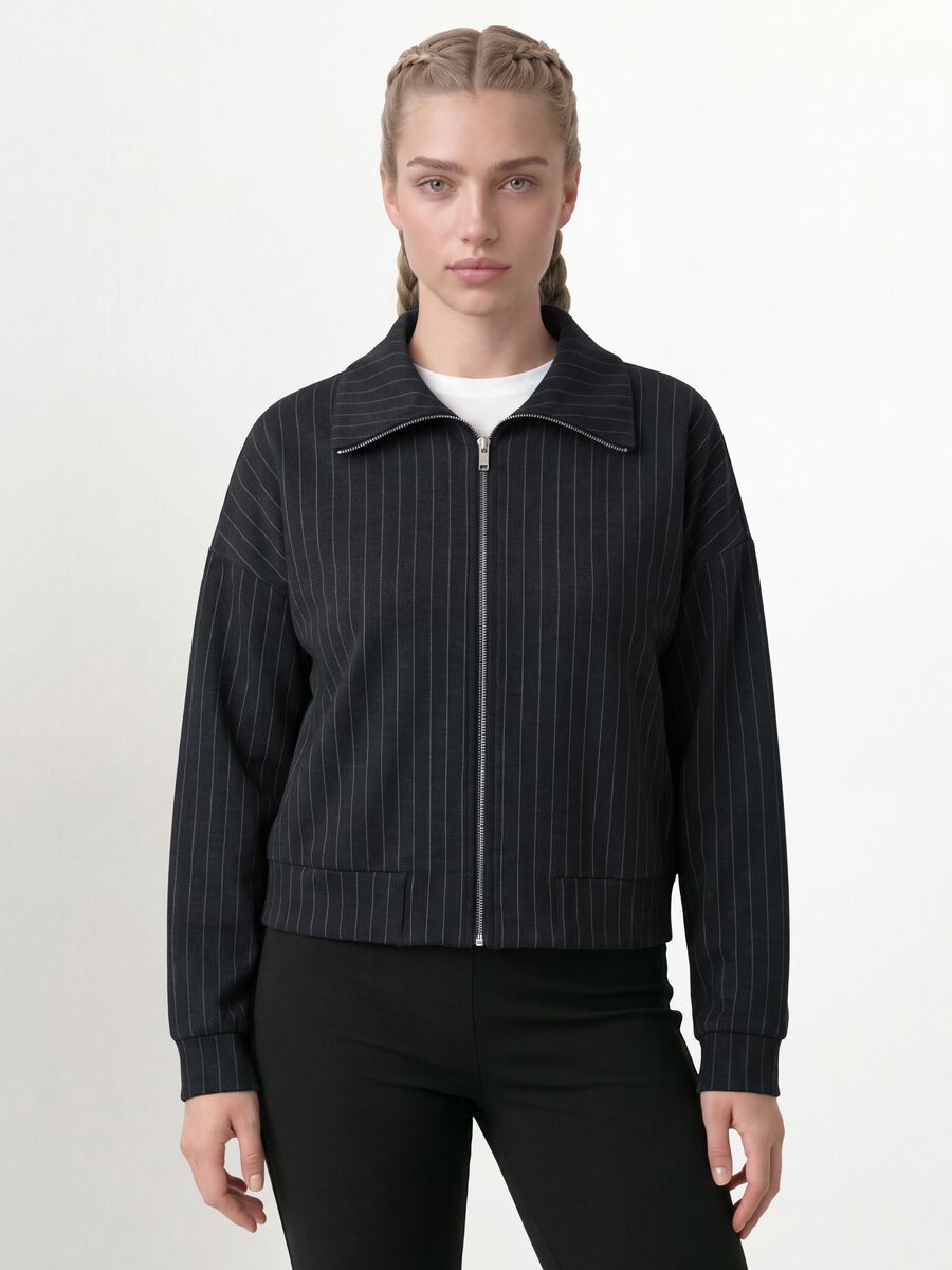 Felpa full zip grigia in viscosa elasticizzata a righe con colletto_0