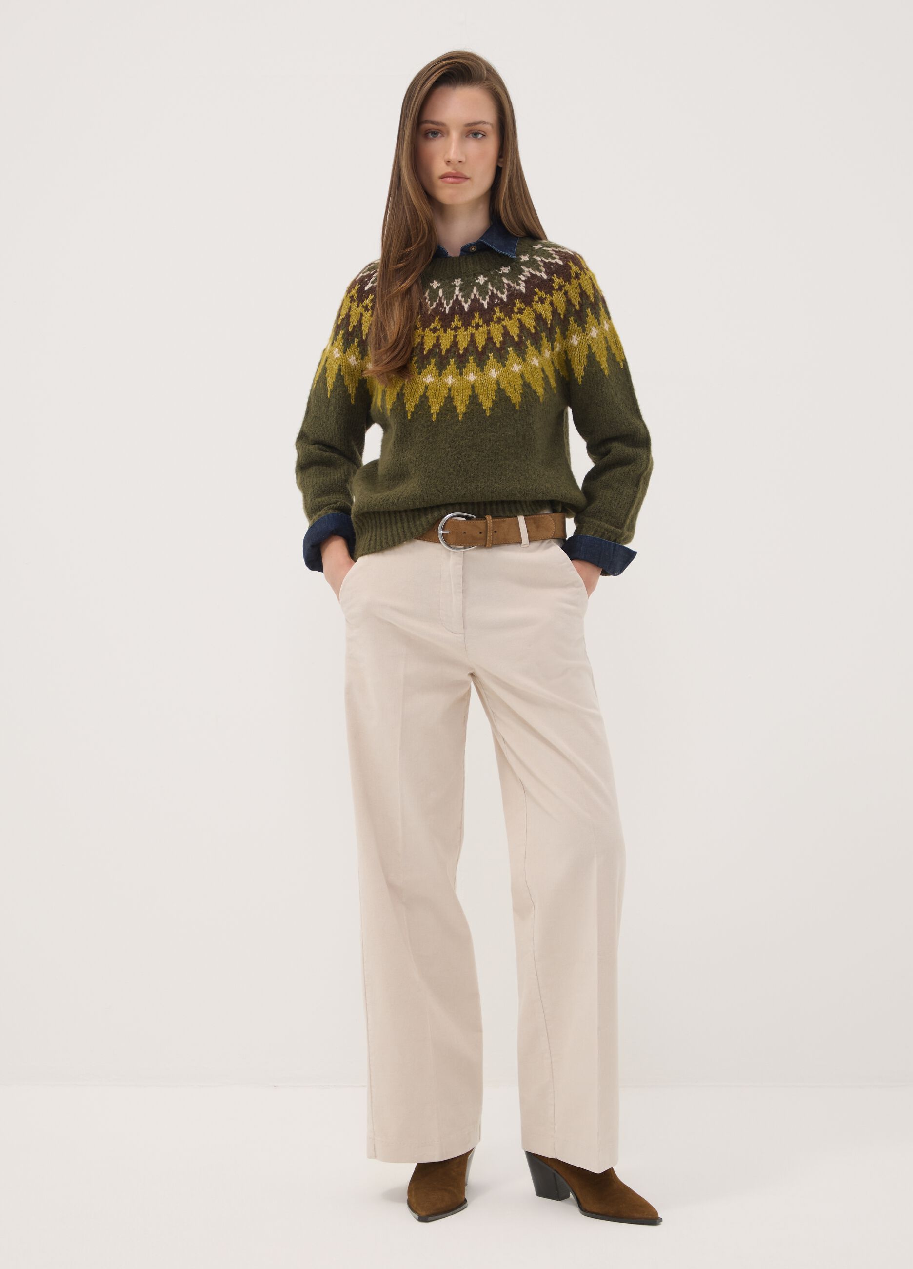 بنطال The Iconic Pants بيج بقصّة مستقيمة من قطن مطاطي مضلّع
