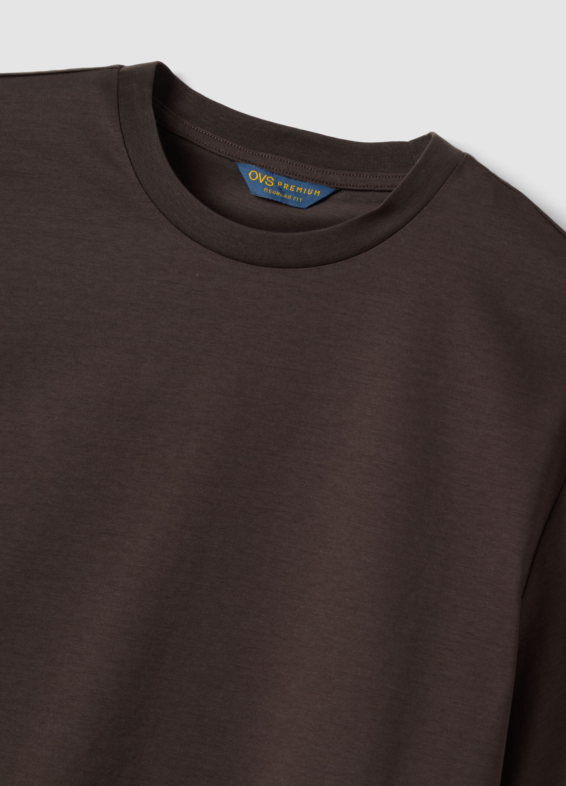 Brown mercerised pure cotton regular-fit crew-neck T-shirt