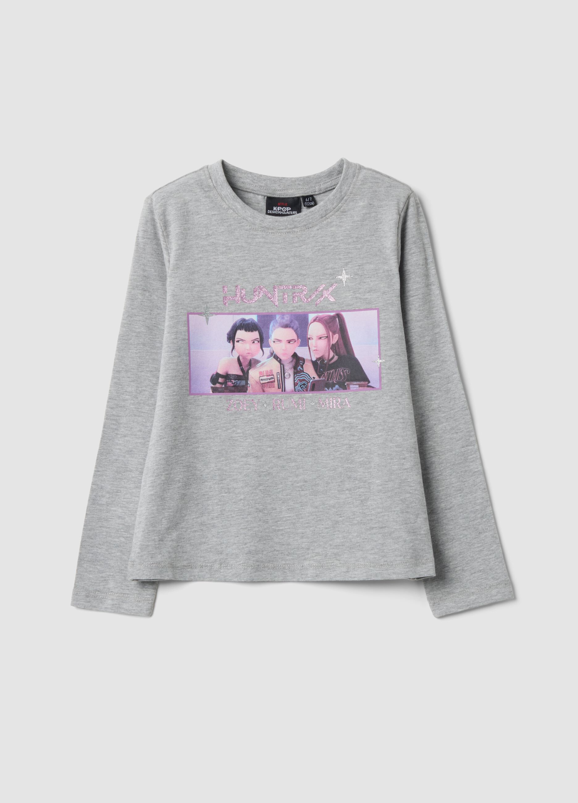 Grey stretch cotton long-sleeve T-shirt with K-Pop Demon Hunters print