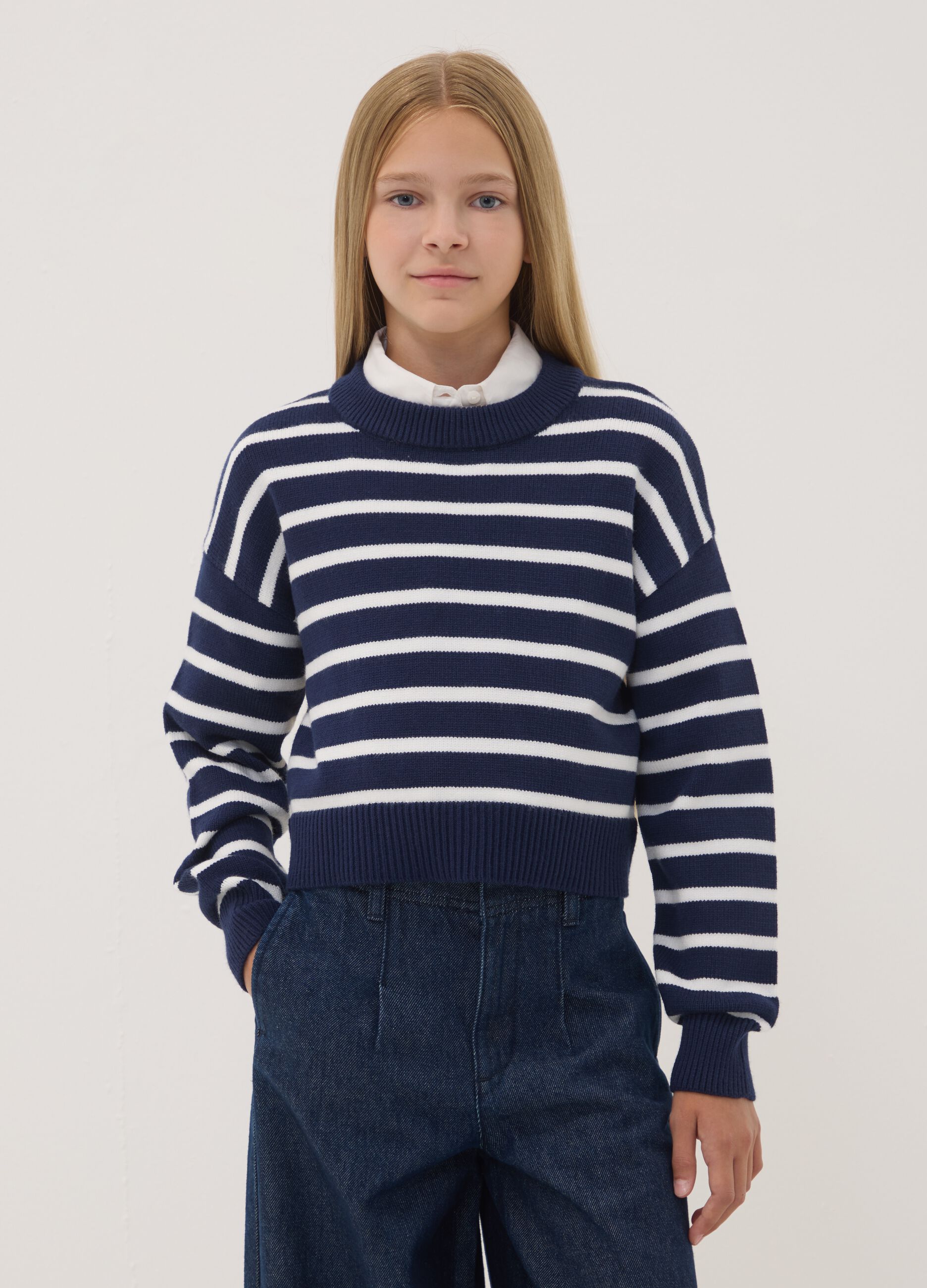Blue striped viscose-blend crew-neck jumper