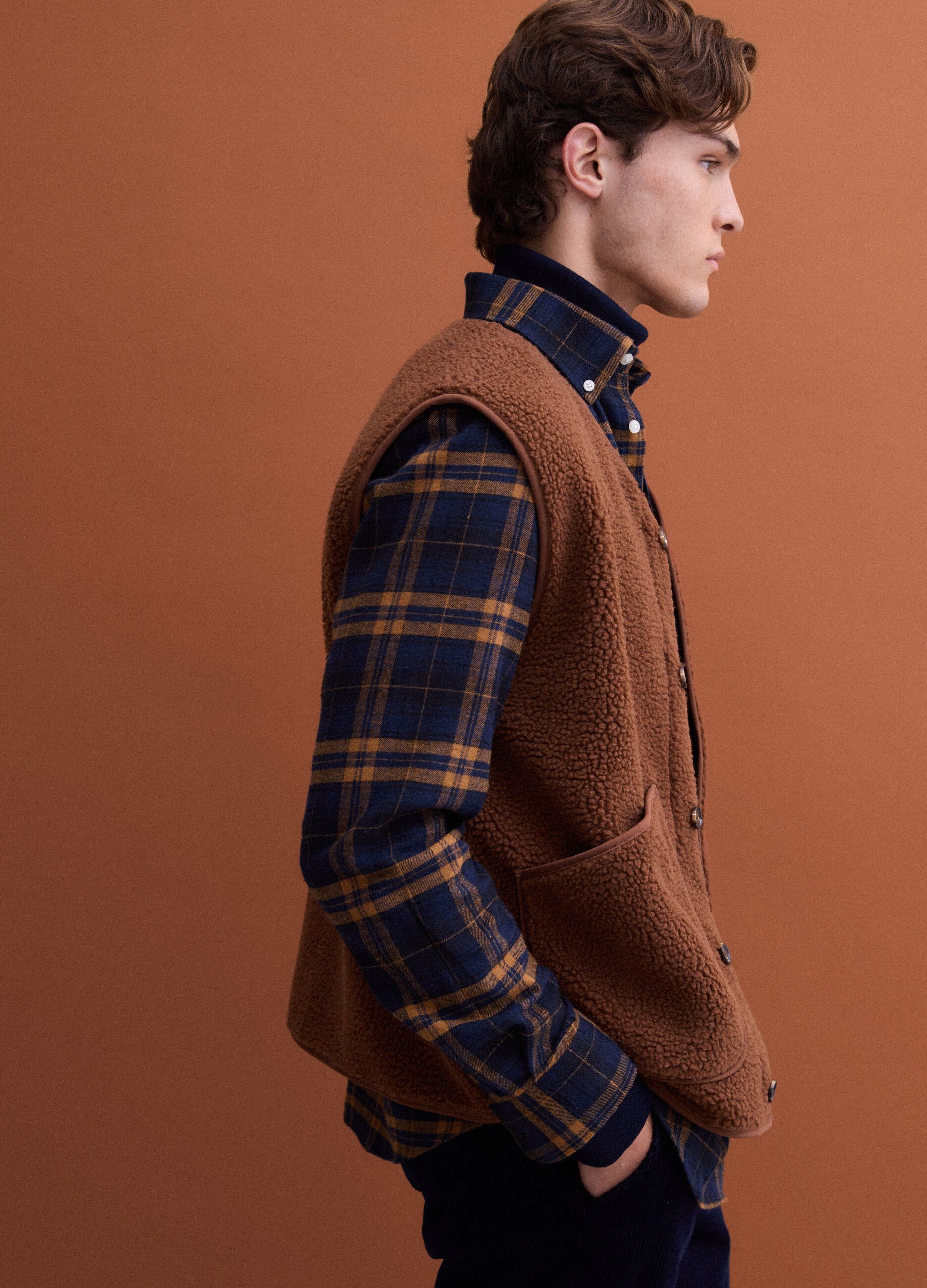 Light brown V-neck gilet with patch pockets