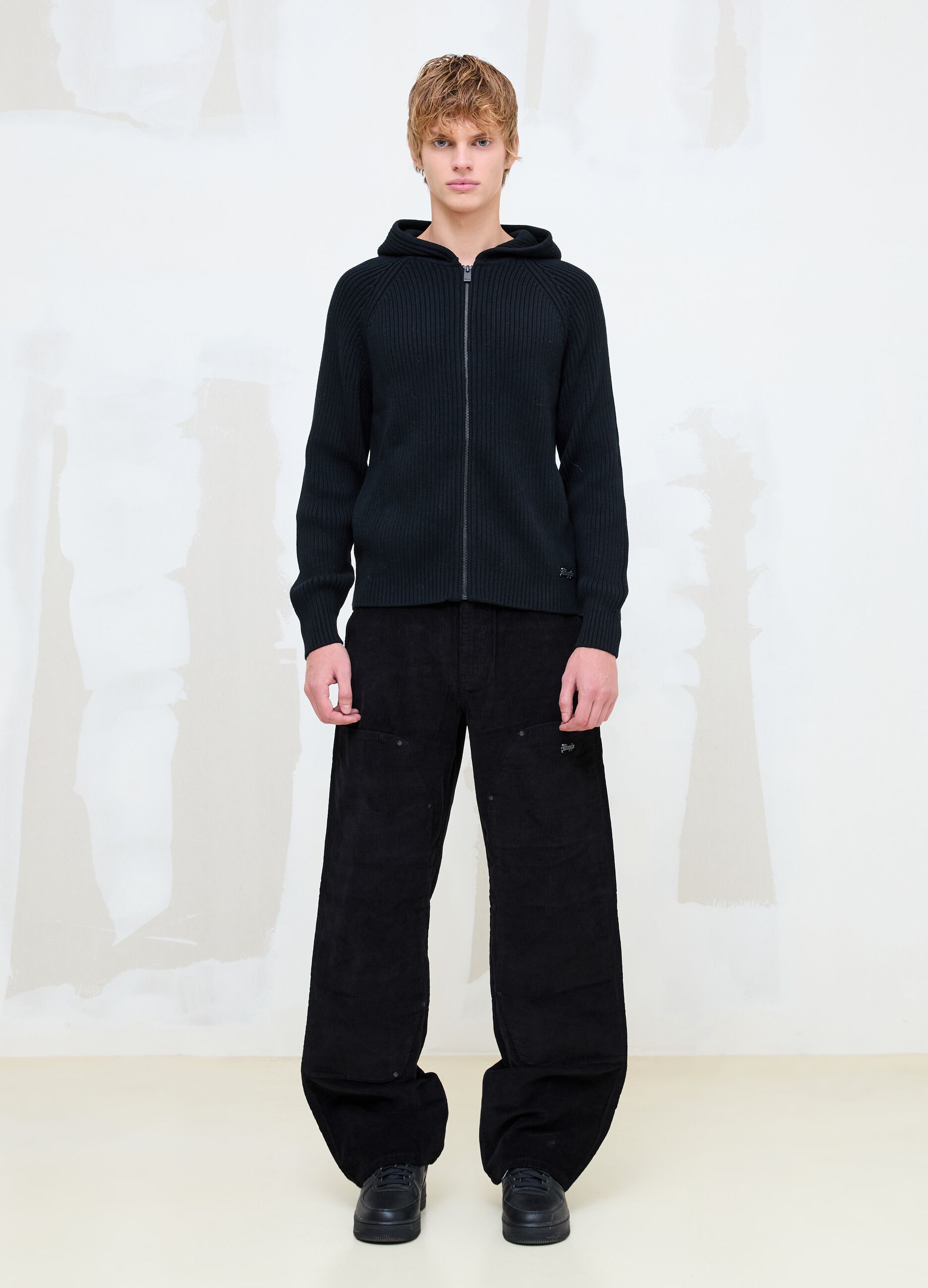Black Ribbed Knit Hoodie