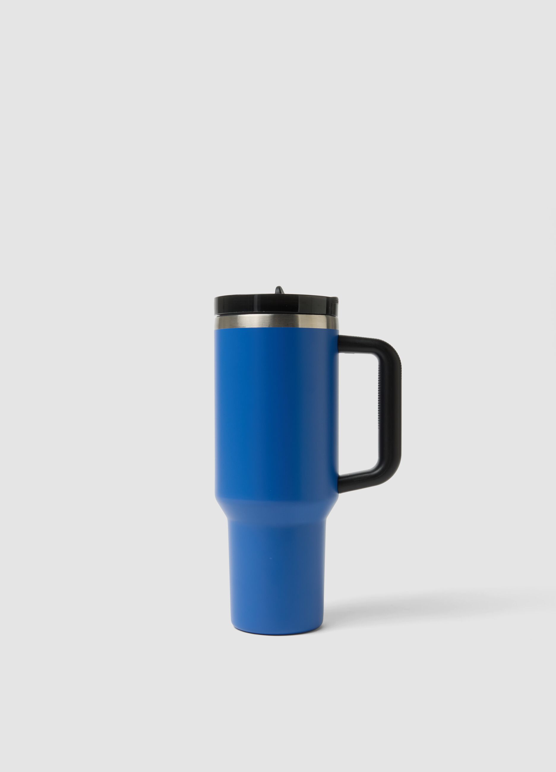 Blue insulated water bottle with handle and straw