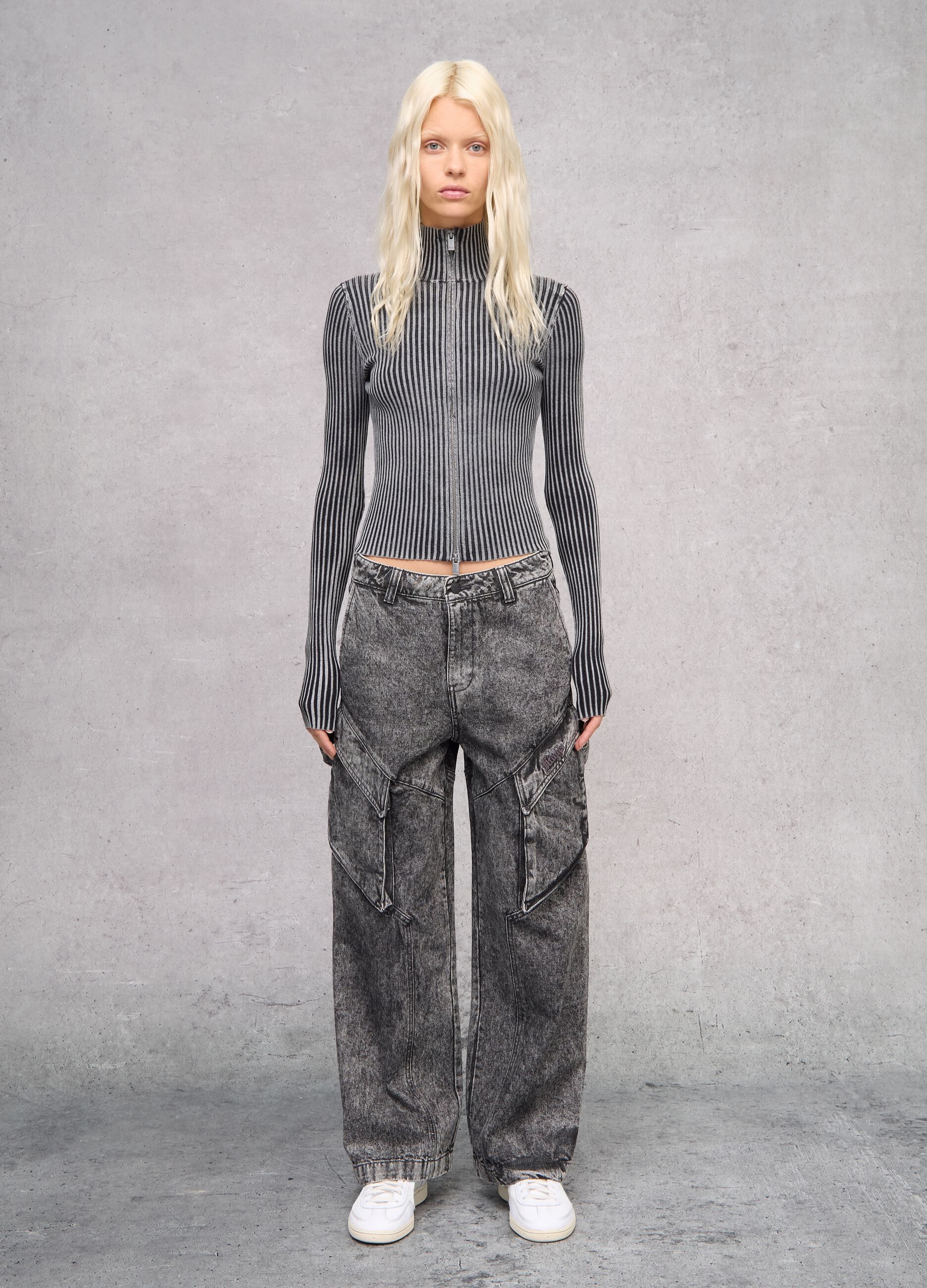 Full-Zip Ribbed Knit Vintage Grey