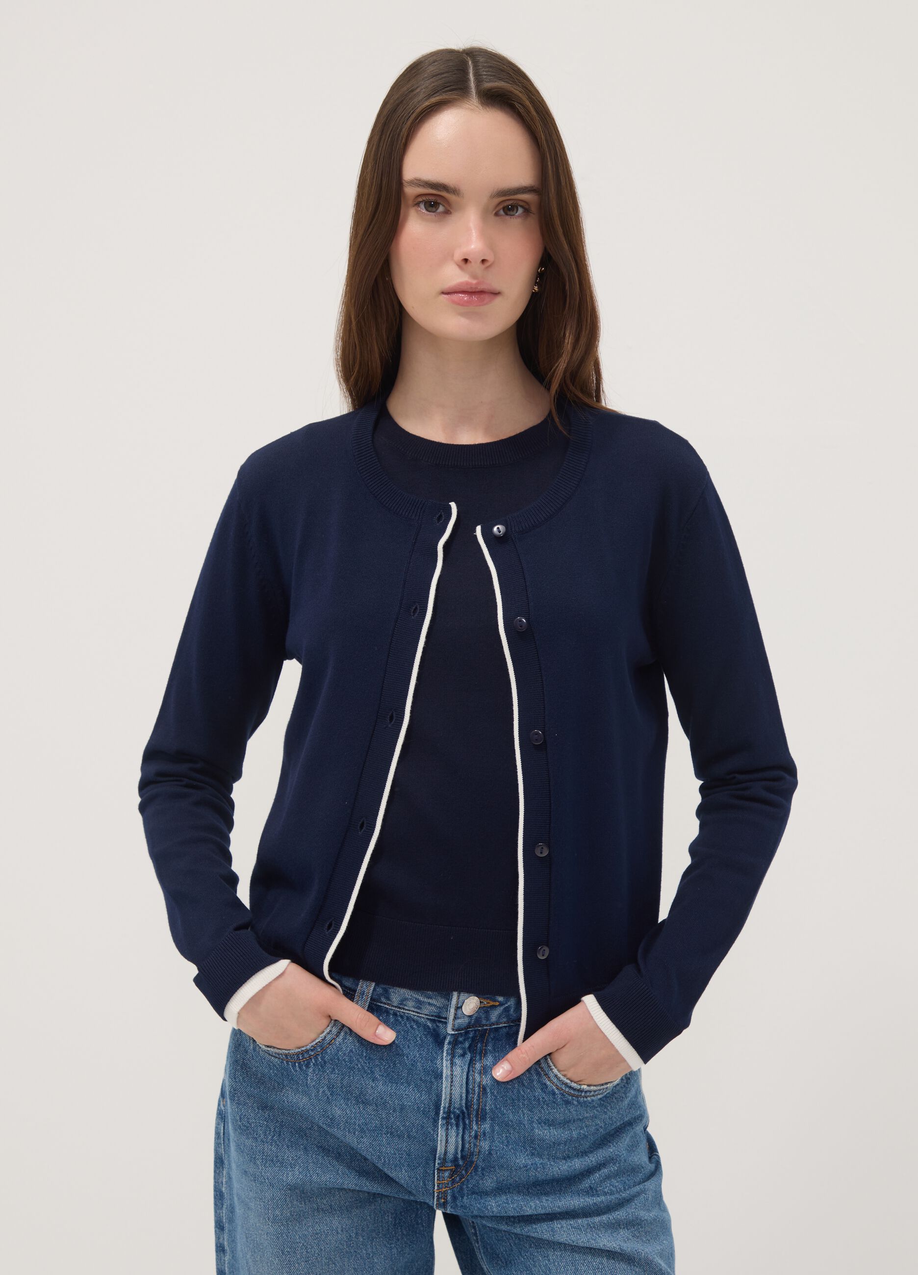 Blue viscose-blend cardigan in plain knit
