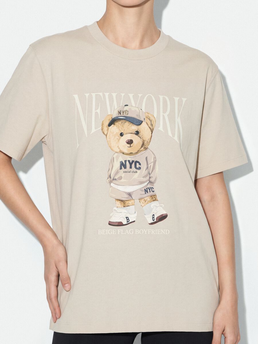 Beige relaxed-fit pure cotton T-shirt with teddy print_3