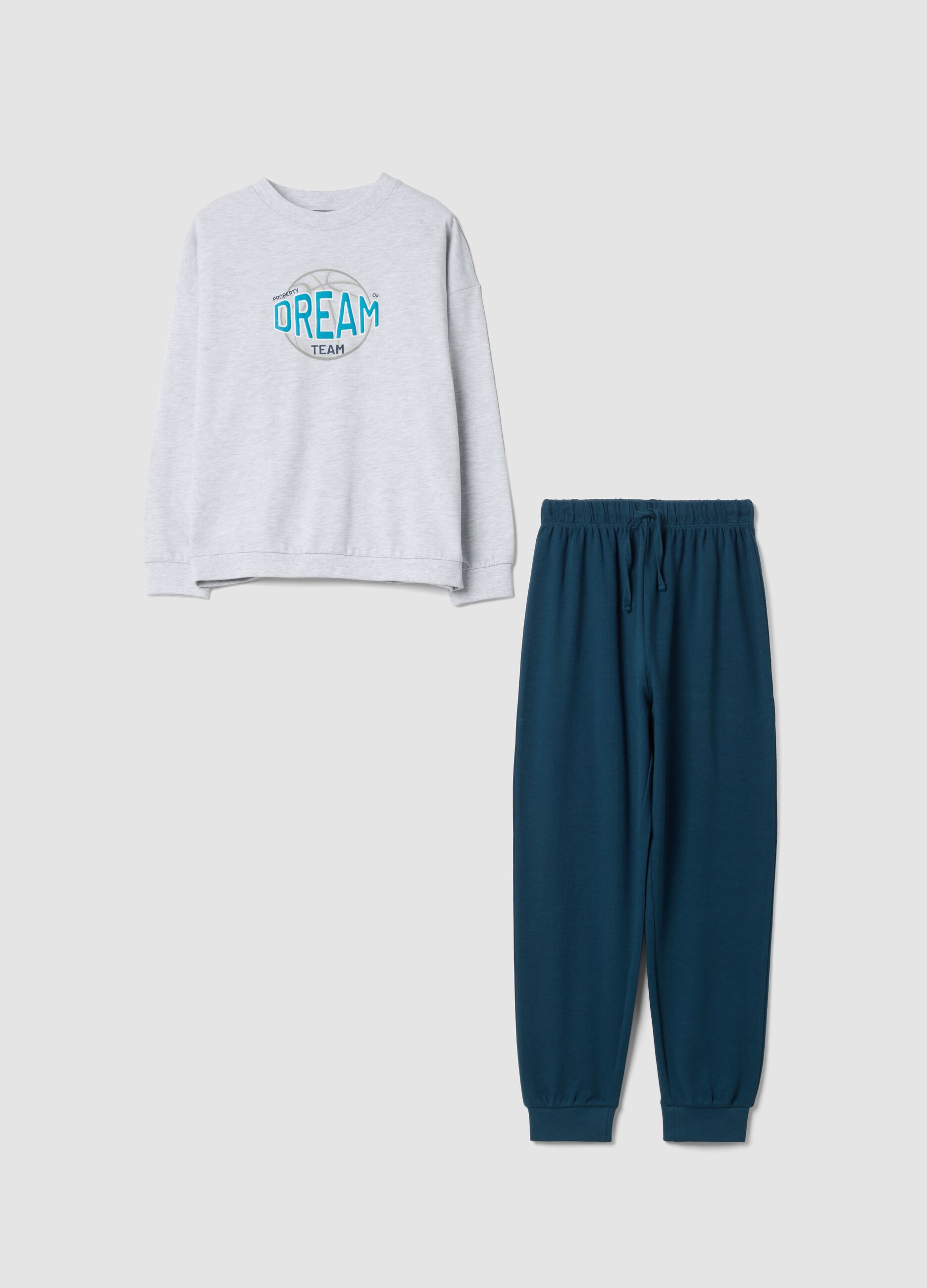 Grey and green organic cotton and viscose blend crew-neck pyjamas