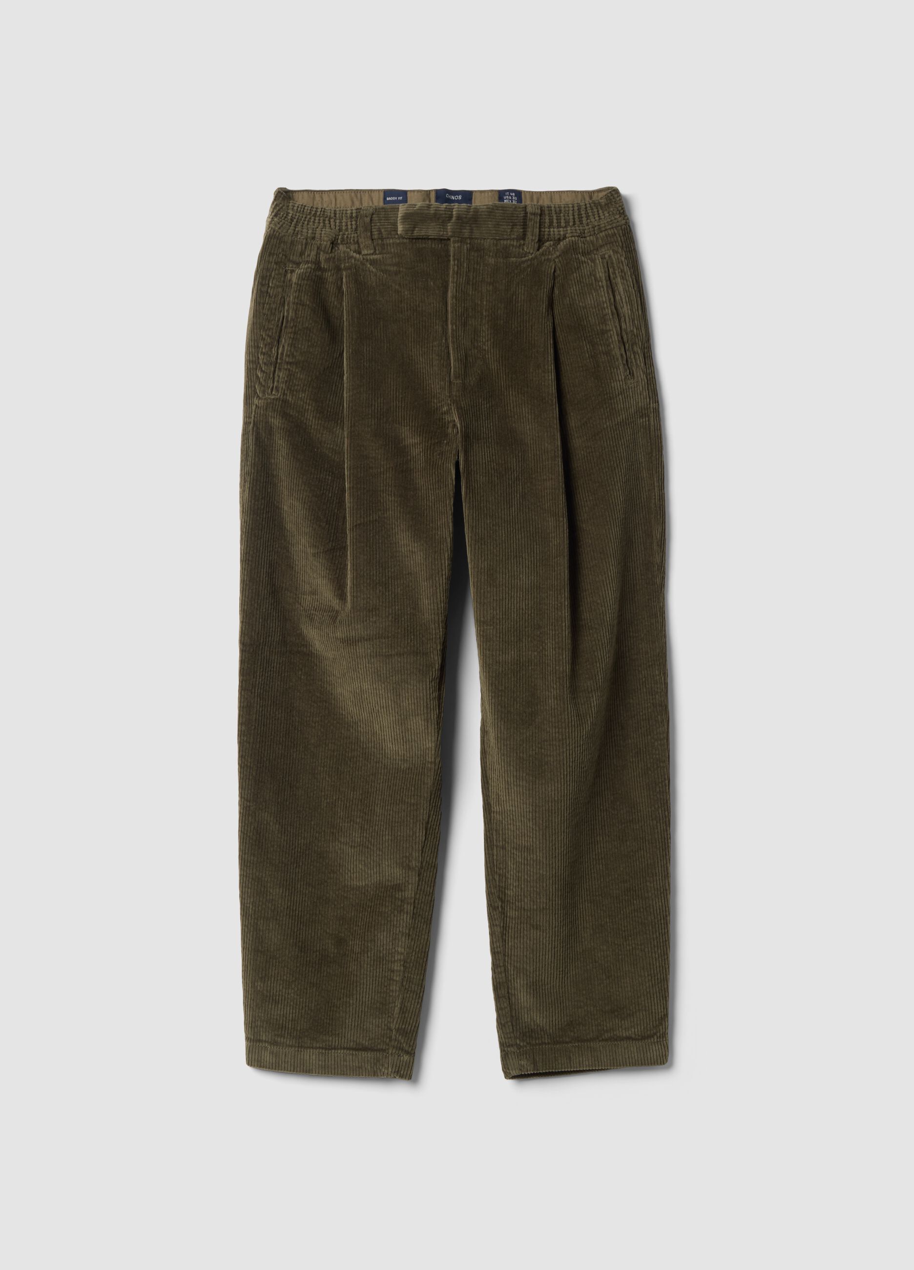 Pantaloni chino verdi in cotone elasticizzato baggy fit a coste