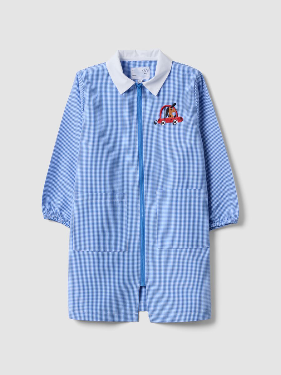 Customisable blue gingham nursery apron with machine embroidery_0