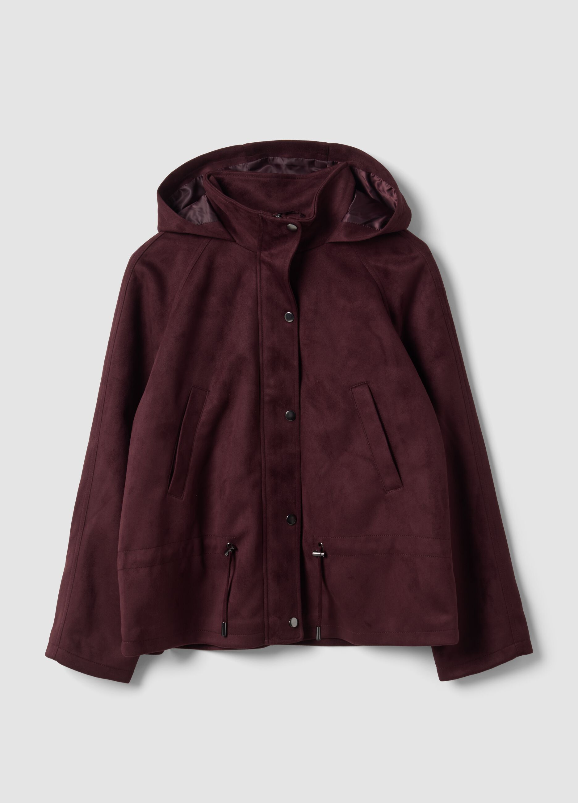 Parka viola con cappuccio e chiusura zip e bottoni