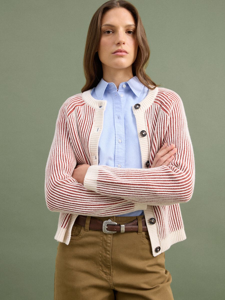 White pure cotton ribbed crew-neck cardigan_0
