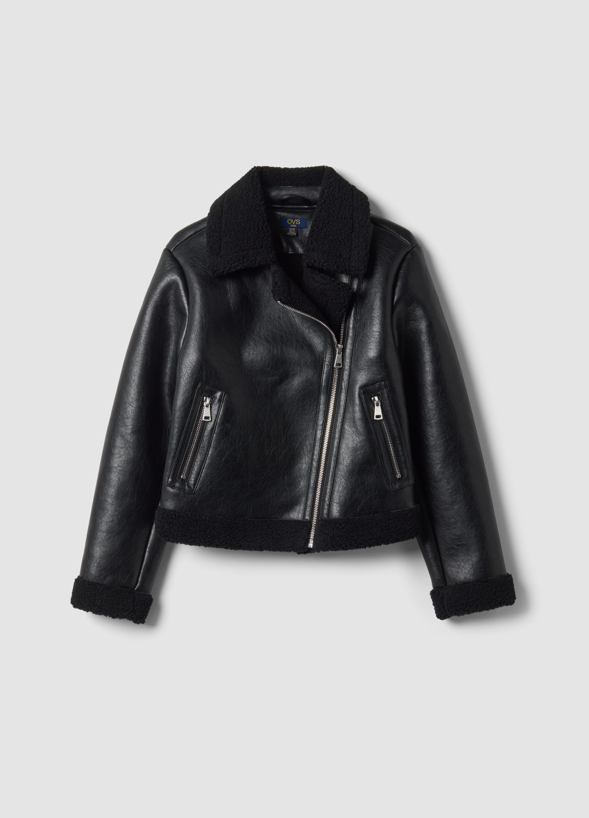 Black aviator-style jacket with diagonal zip