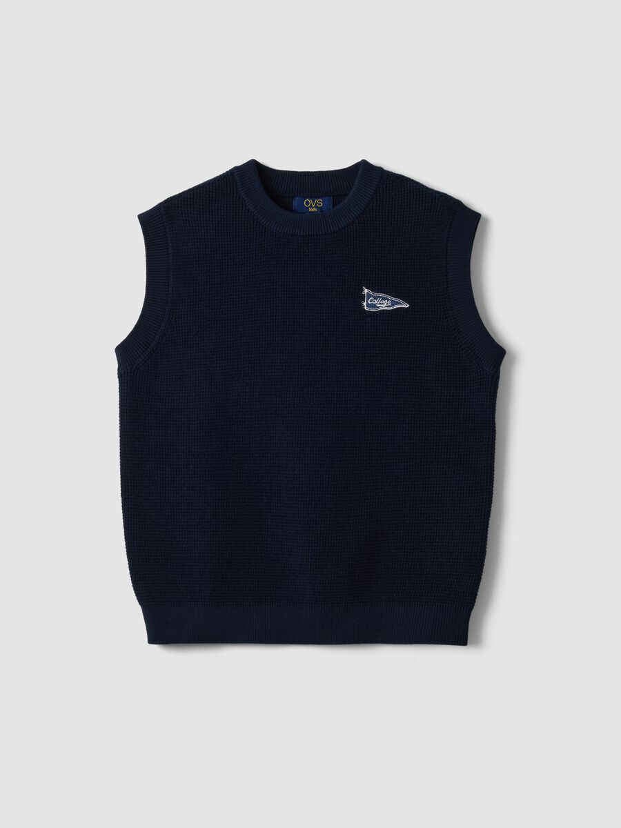 Blue cotton-blend knitted gilet with embroidery for boys_0