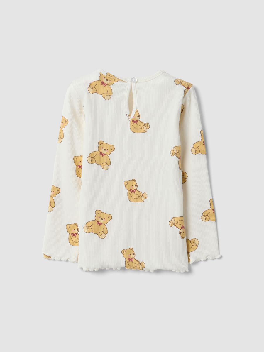 White stretchy organic cotton T-shirt with teddy bear print for baby girl_1