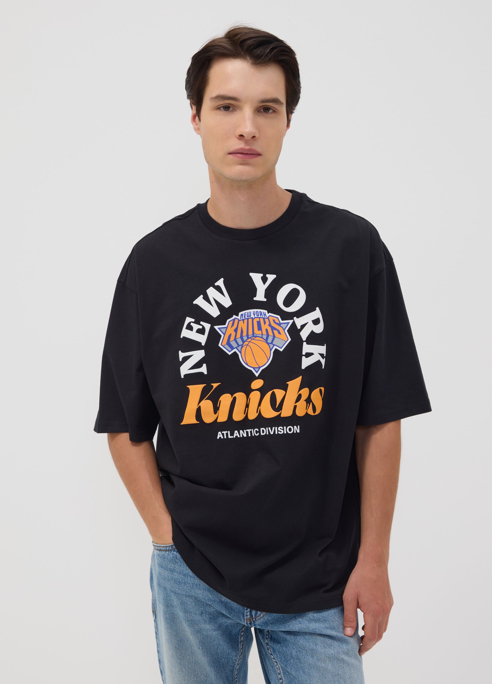 Black pure cotton T-shirt with New York Knicks print
