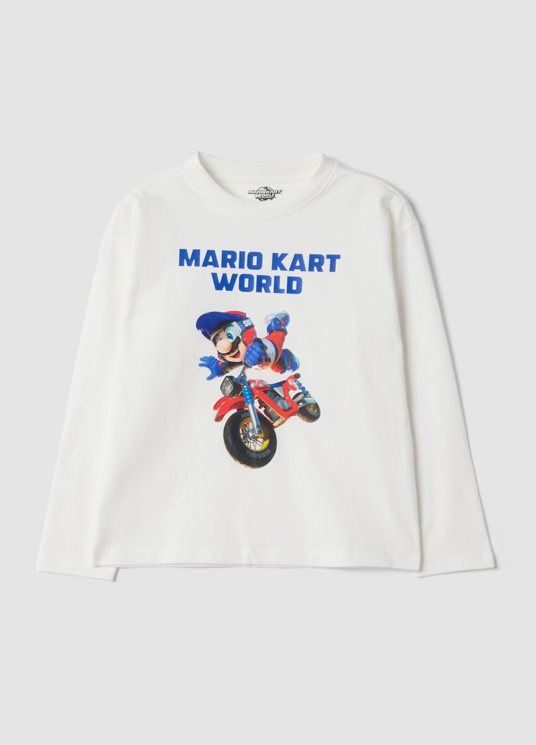 T-shirt bianca in puro cotone con girocollo stampa Mario Kart