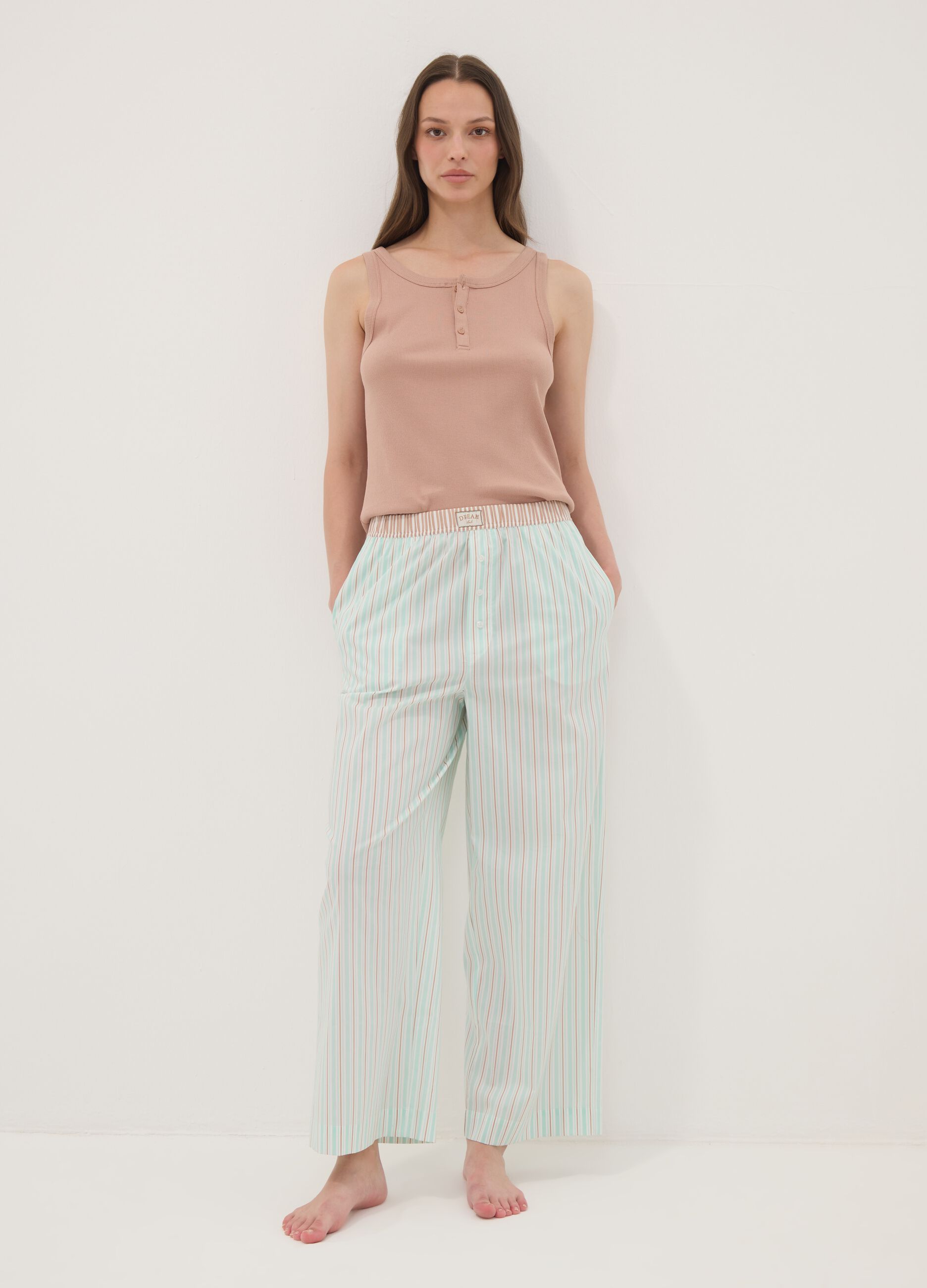 Green striped stretch cotton-blend poplin pyjama trousers