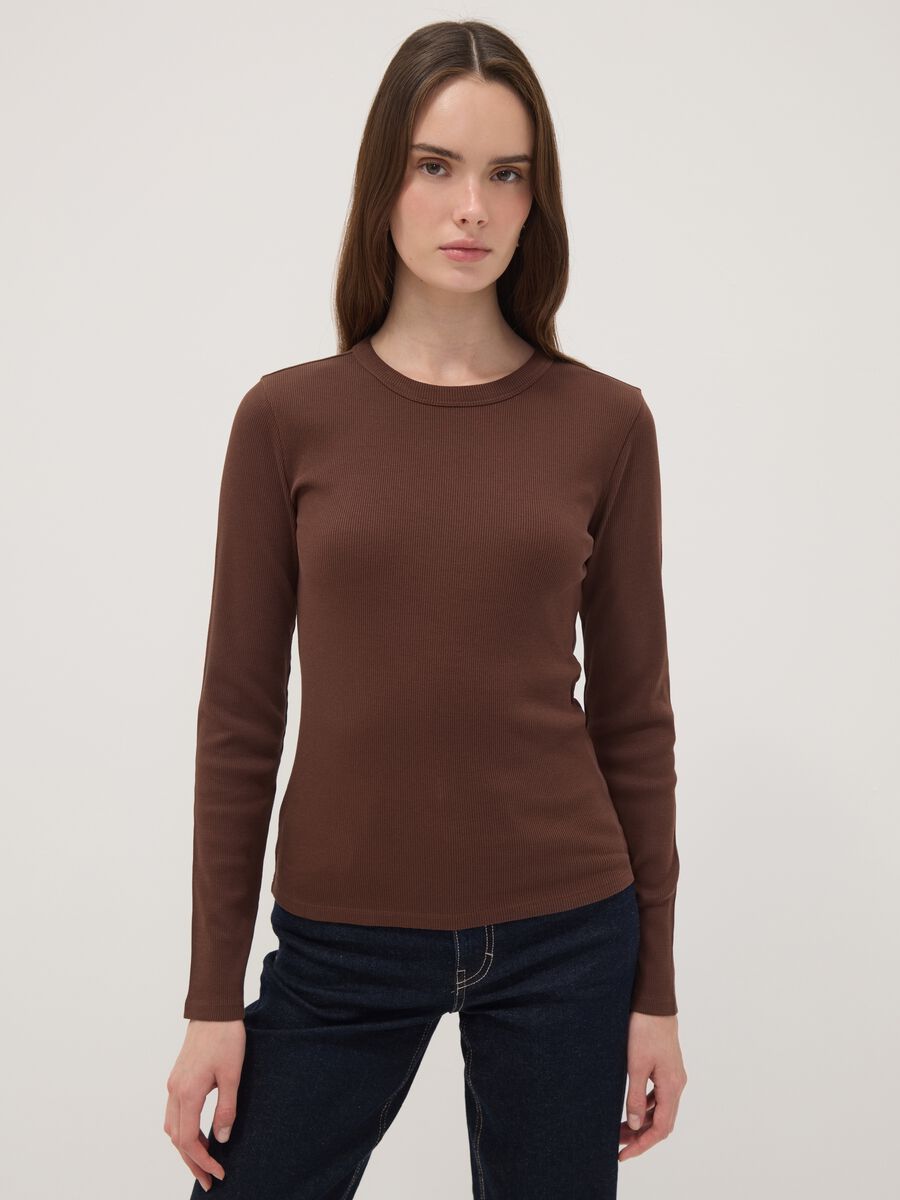 Brown long-sleeve pure cotton T-shirt_0