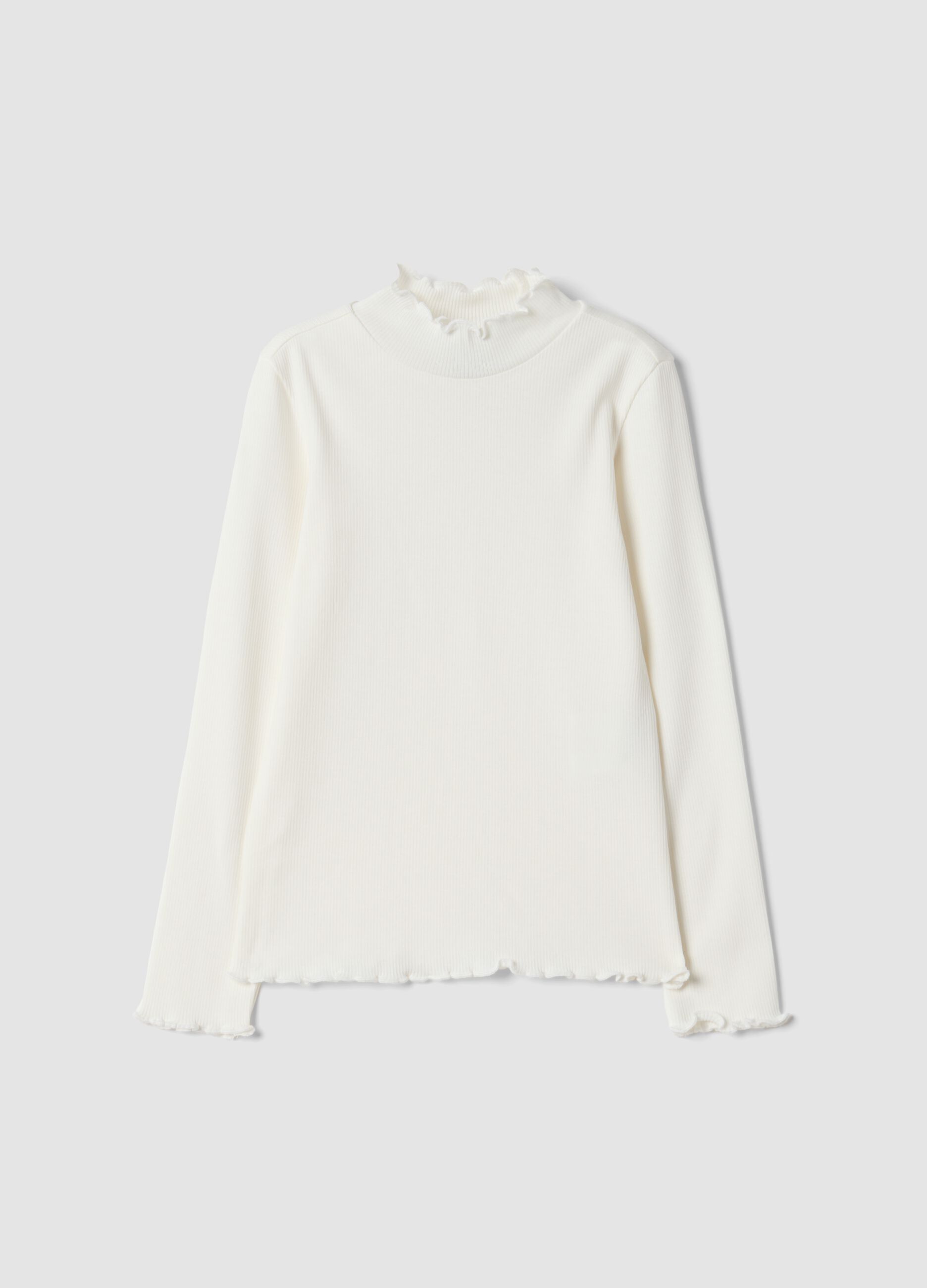 White long-sleeve organic stretch cotton T-shirt with mock neck