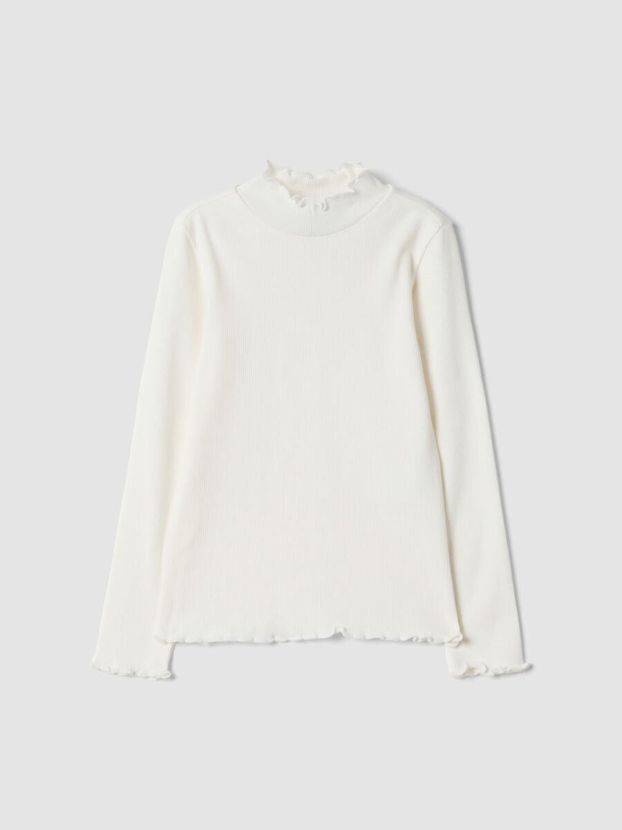 White long-sleeve organic stretch cotton T-shirt with mock neck_0