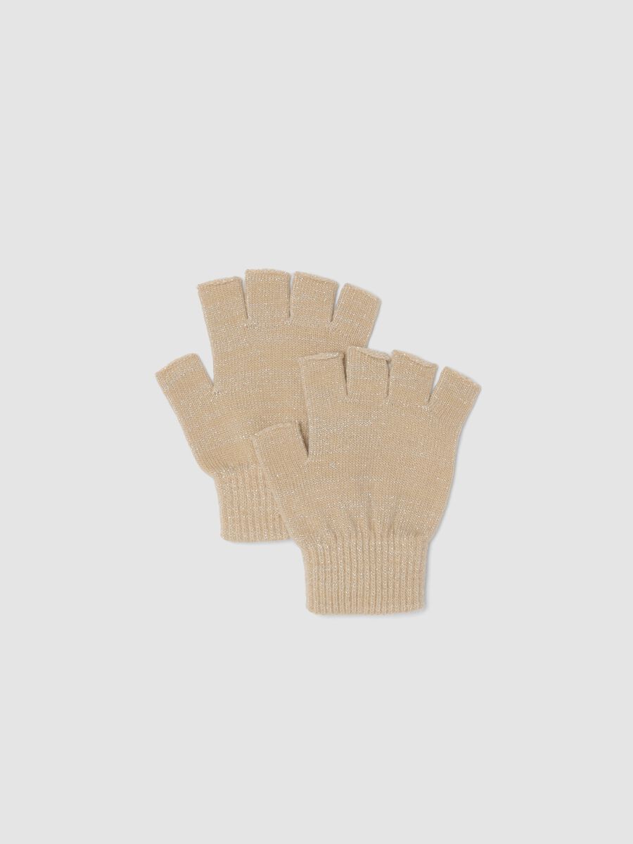Beige lurex stretch-fabric gloves_0
