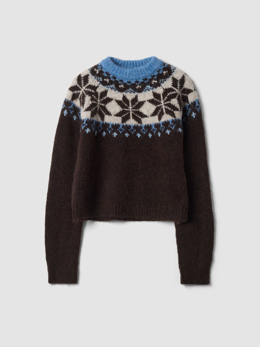 Brown wool-blend jumper with raised jacquard collar_0