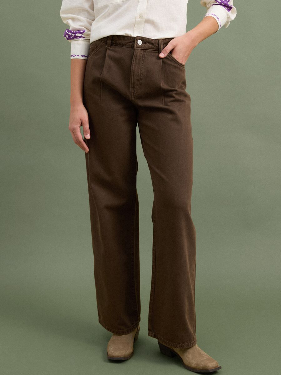 High-waisted wide-leg brown jeans in pure cotton_1