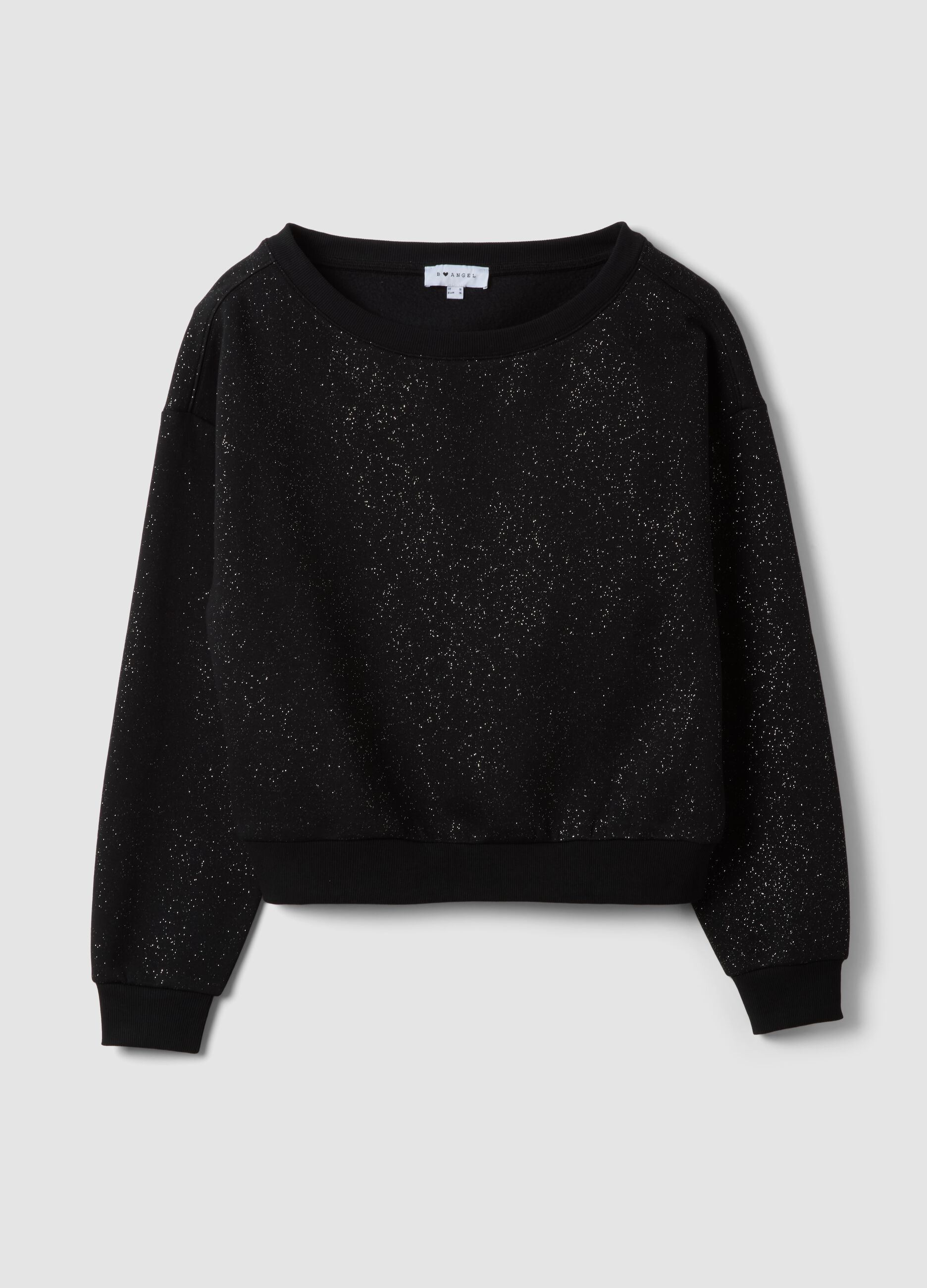 Black cotton-blend sweatshirt with boat neckline and glitter