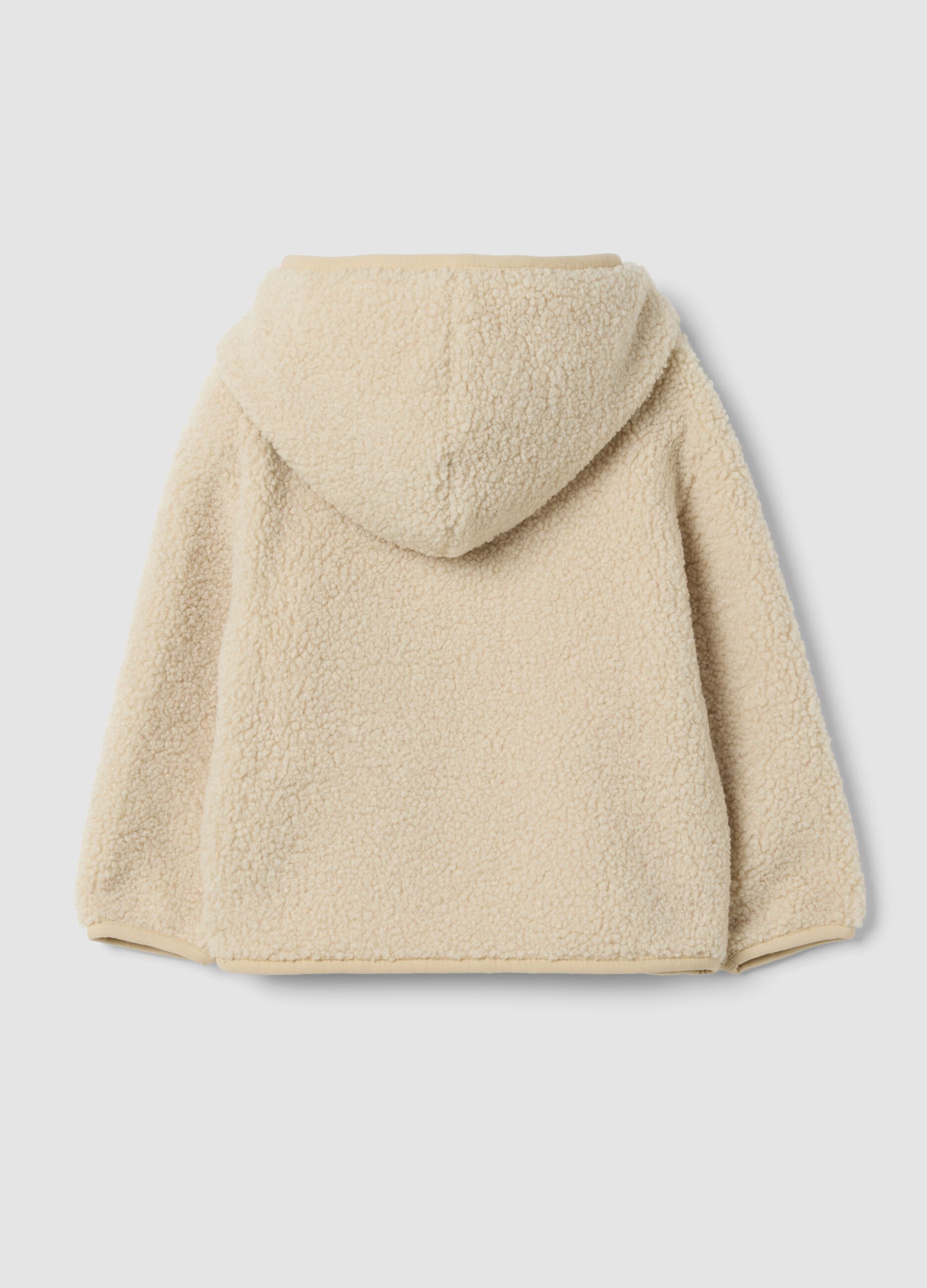 Beige hooded zip-up oversized jacket with teddy texture