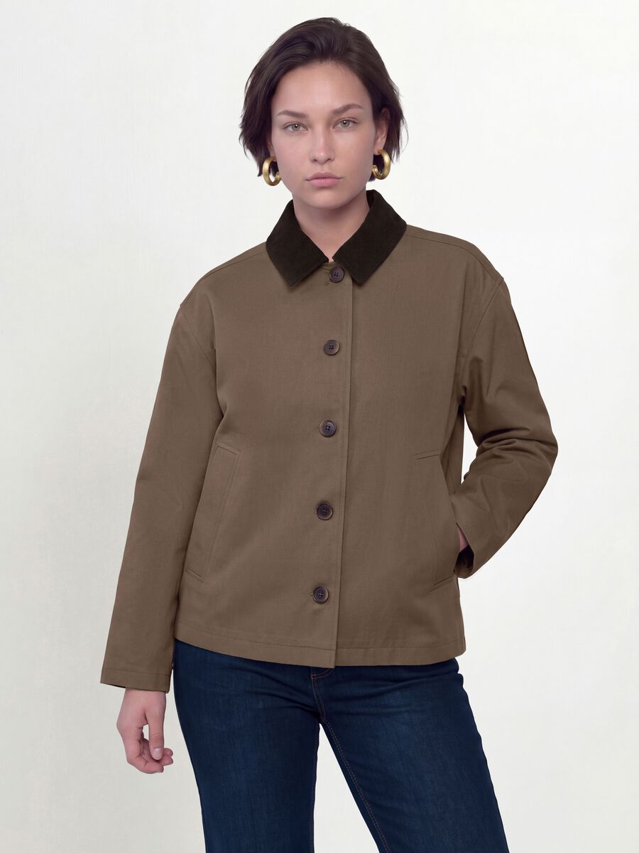 Brown pure cotton jacket with contrasting collar, regular fit_0