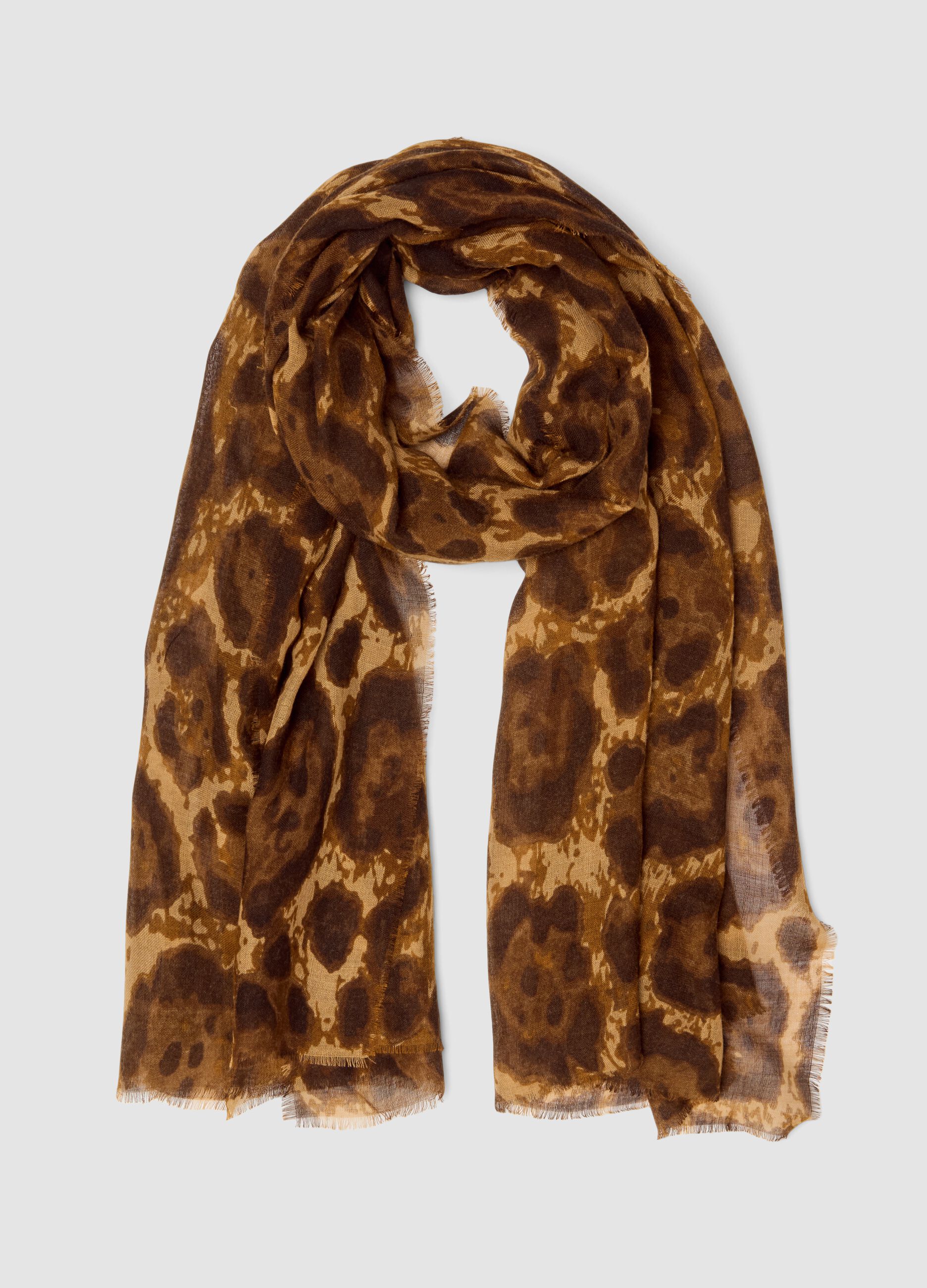 Brown wool-blend scarf with animal print