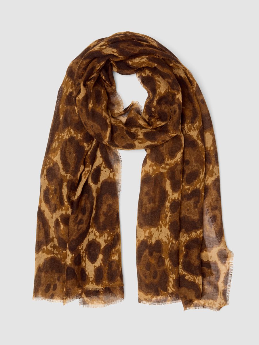 Brown wool-blend scarf with animal print_0