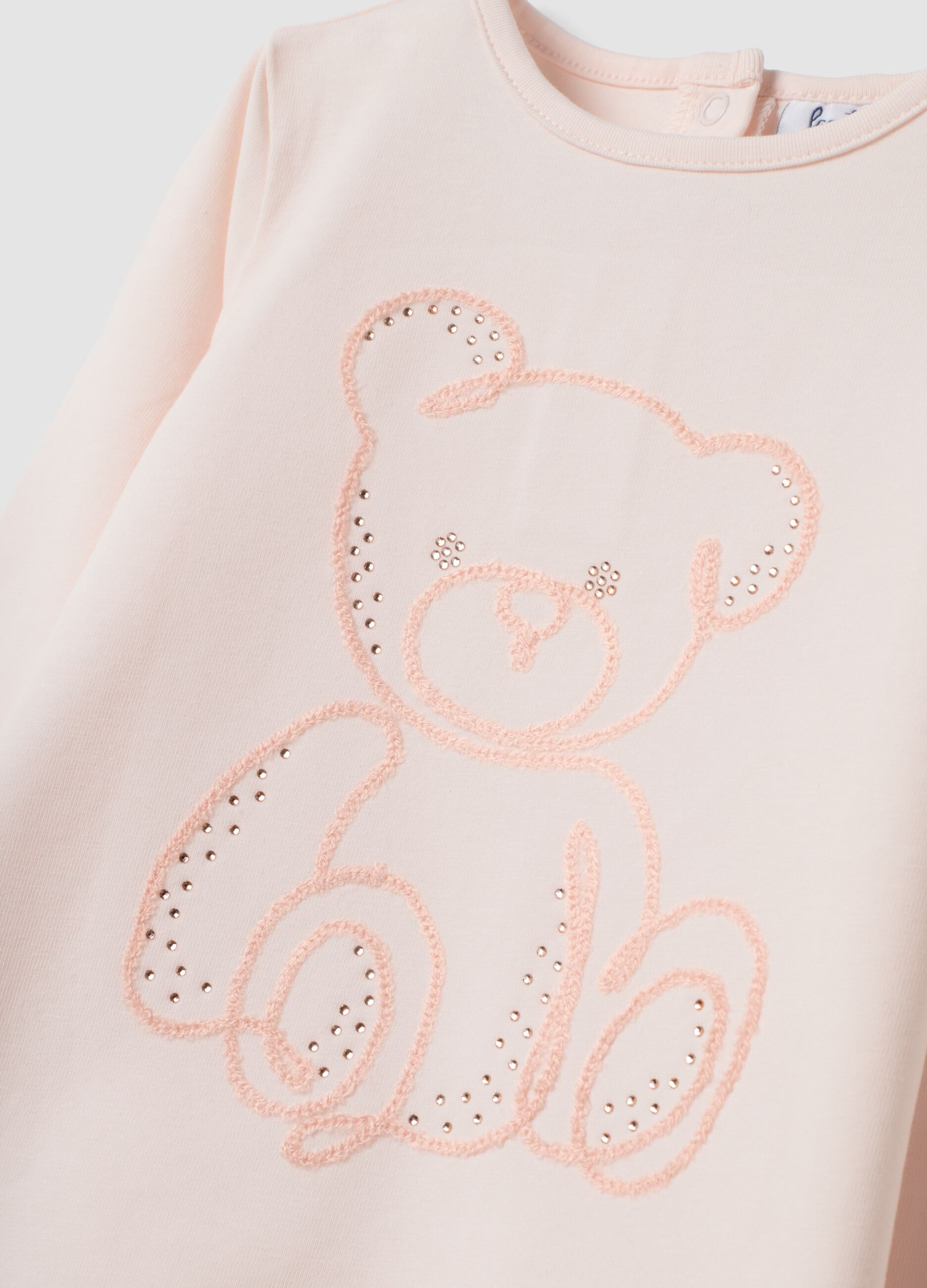 Pink stretch organic cotton T-shirt with teddy bear embroidery