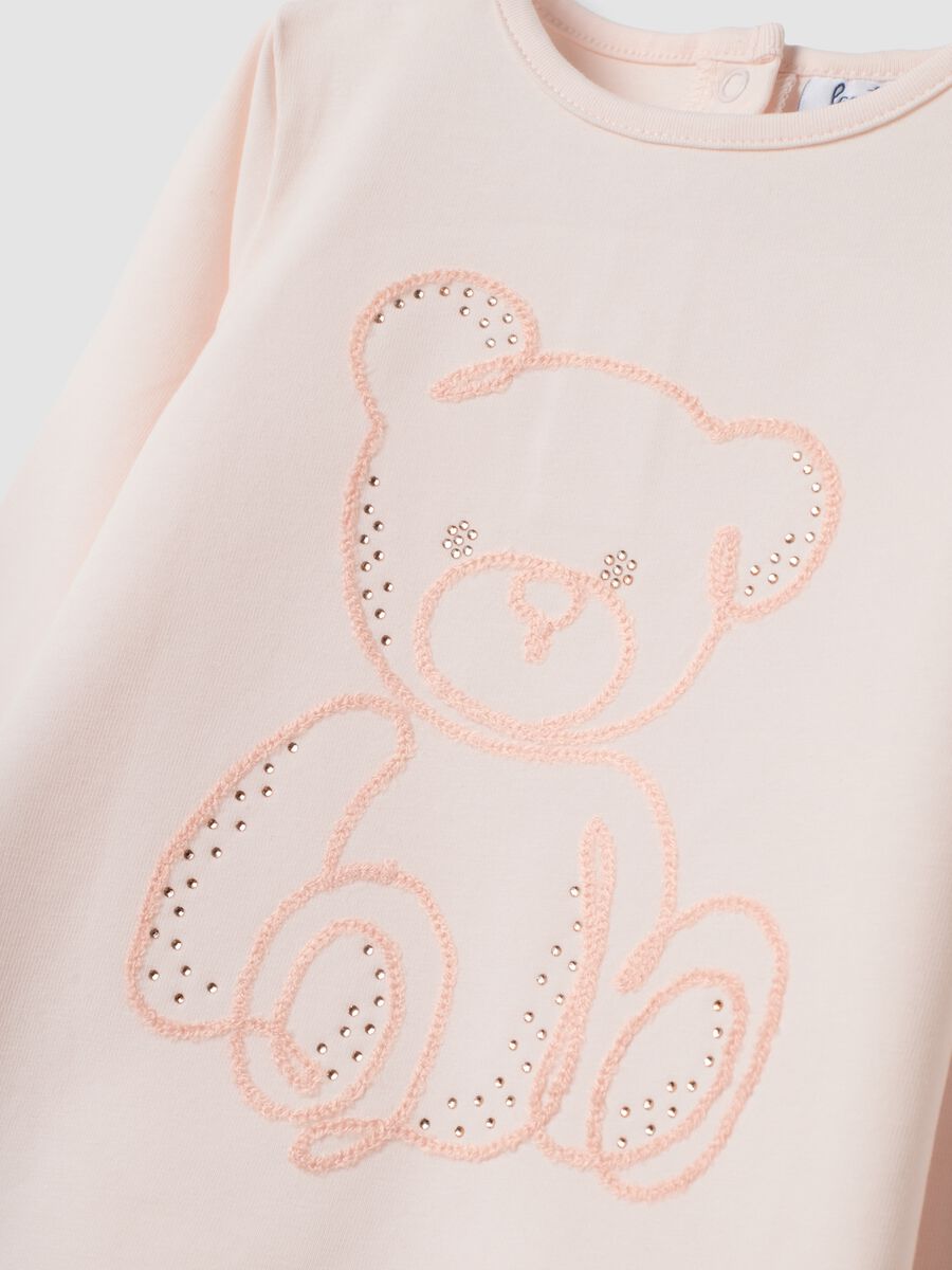Pink stretch organic cotton T-shirt with teddy bear embroidery_2