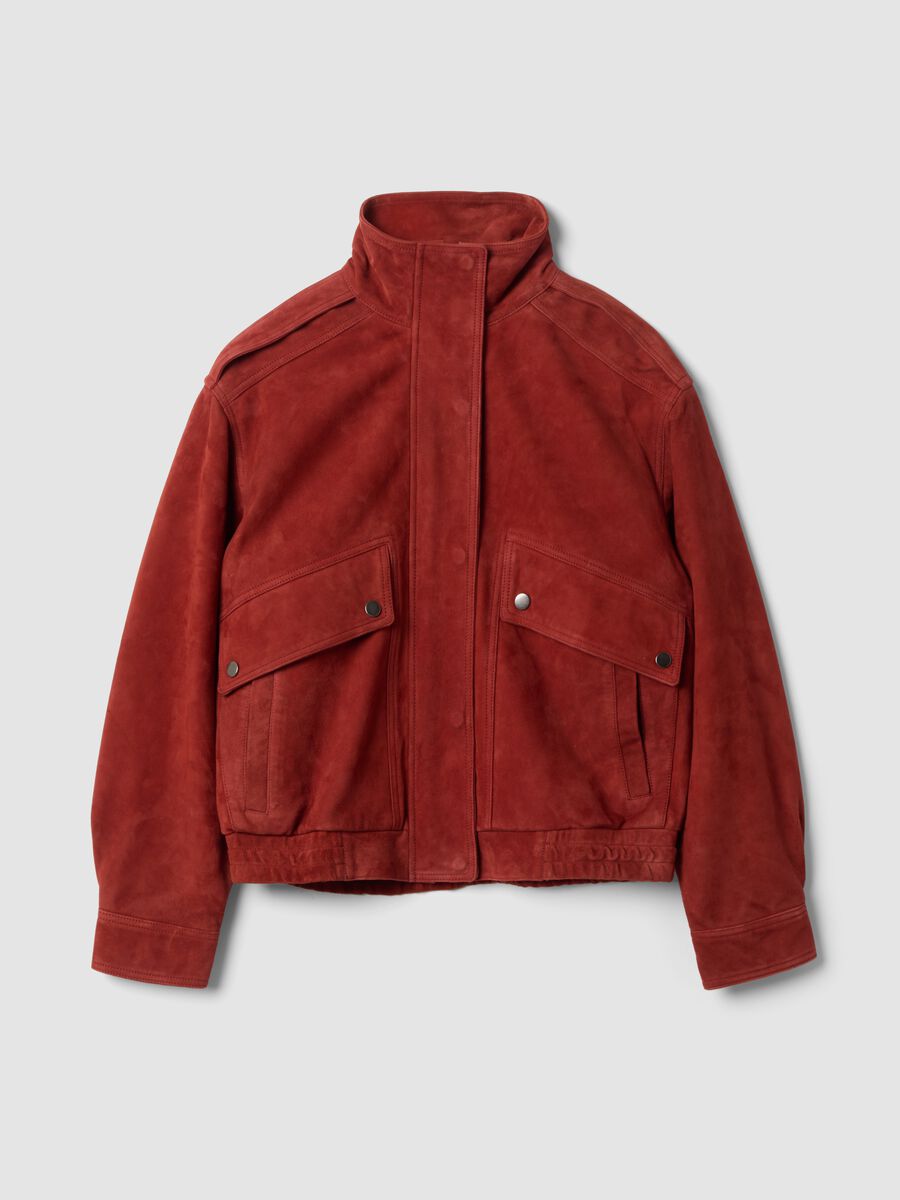 Red genuine leather bomber jacket with zip and press studs, regular fit_4