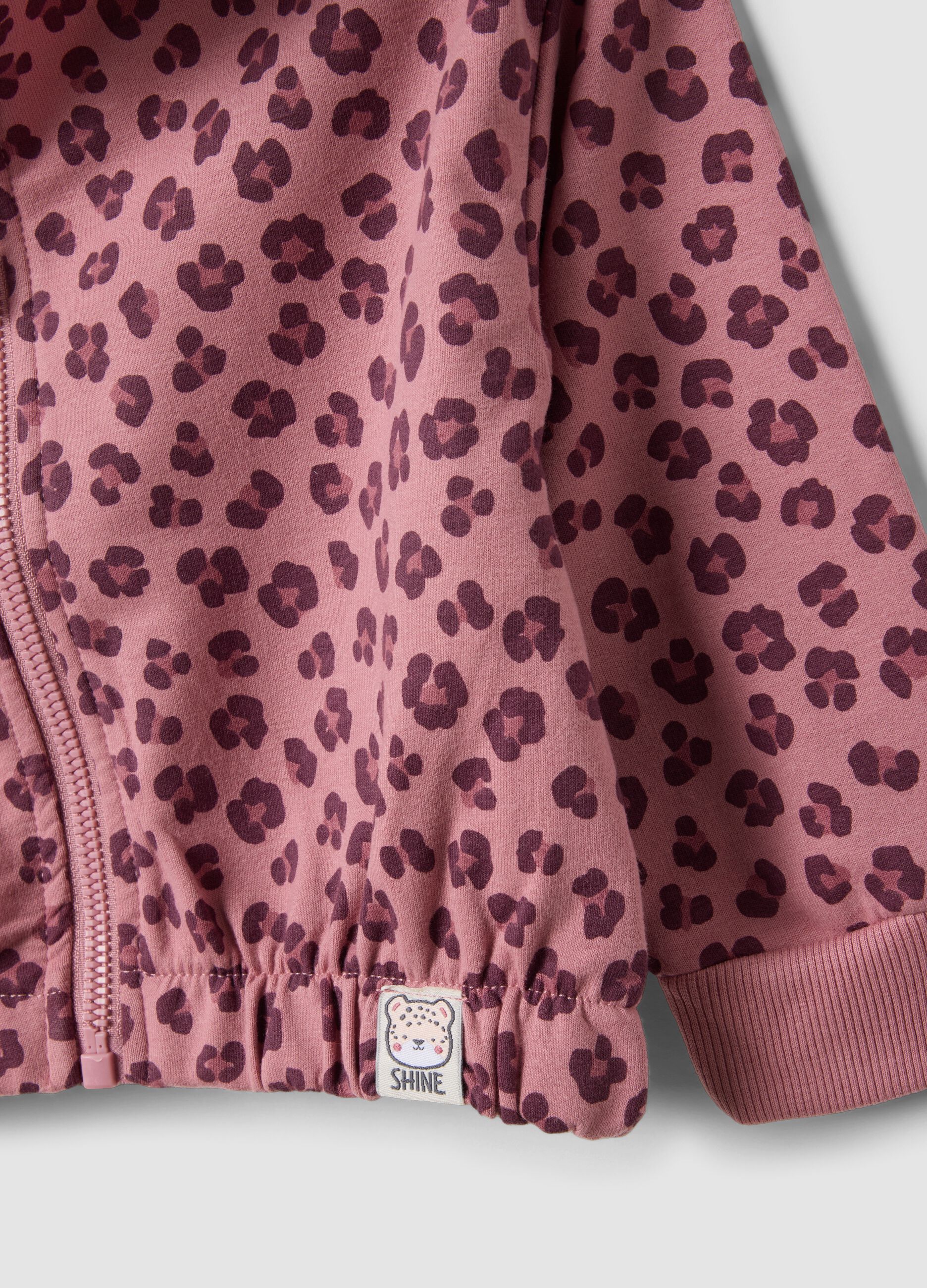 Pink hooded sweatshirt in stretch cotton with all-over animal print for baby girl