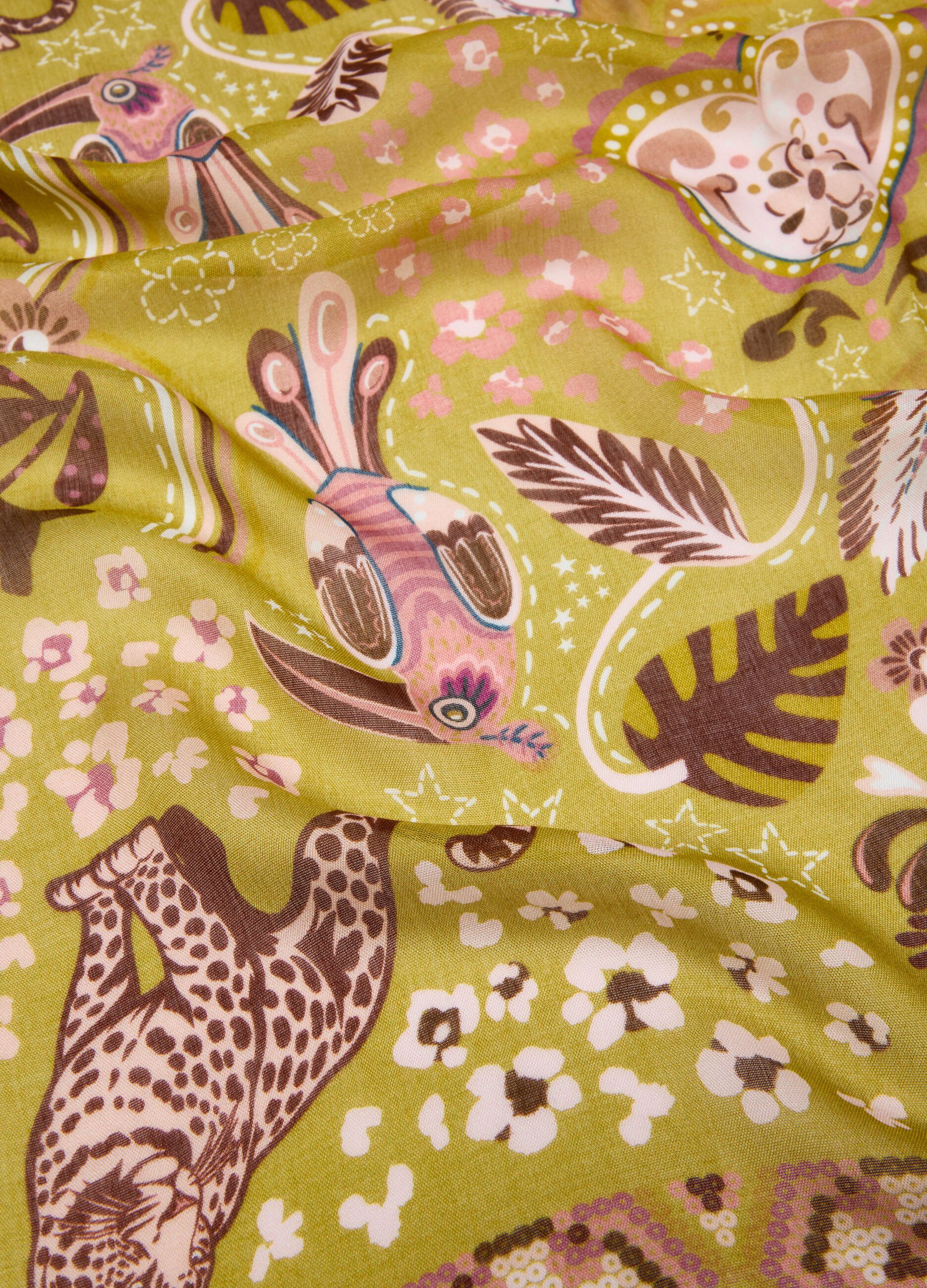 Yellow pure viscose scarf with patterned print