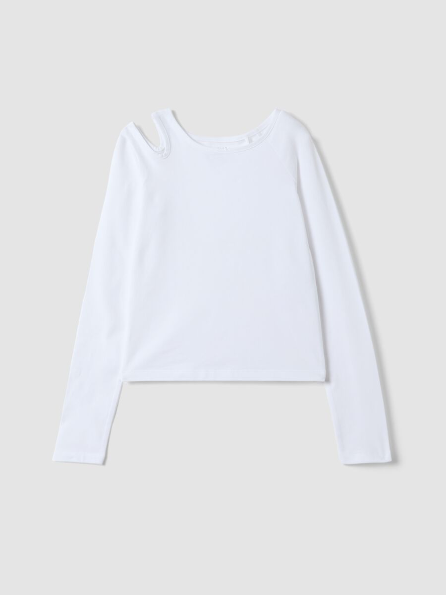 White organic stretch cotton T-shirt with shoulder cut-out for girls_3